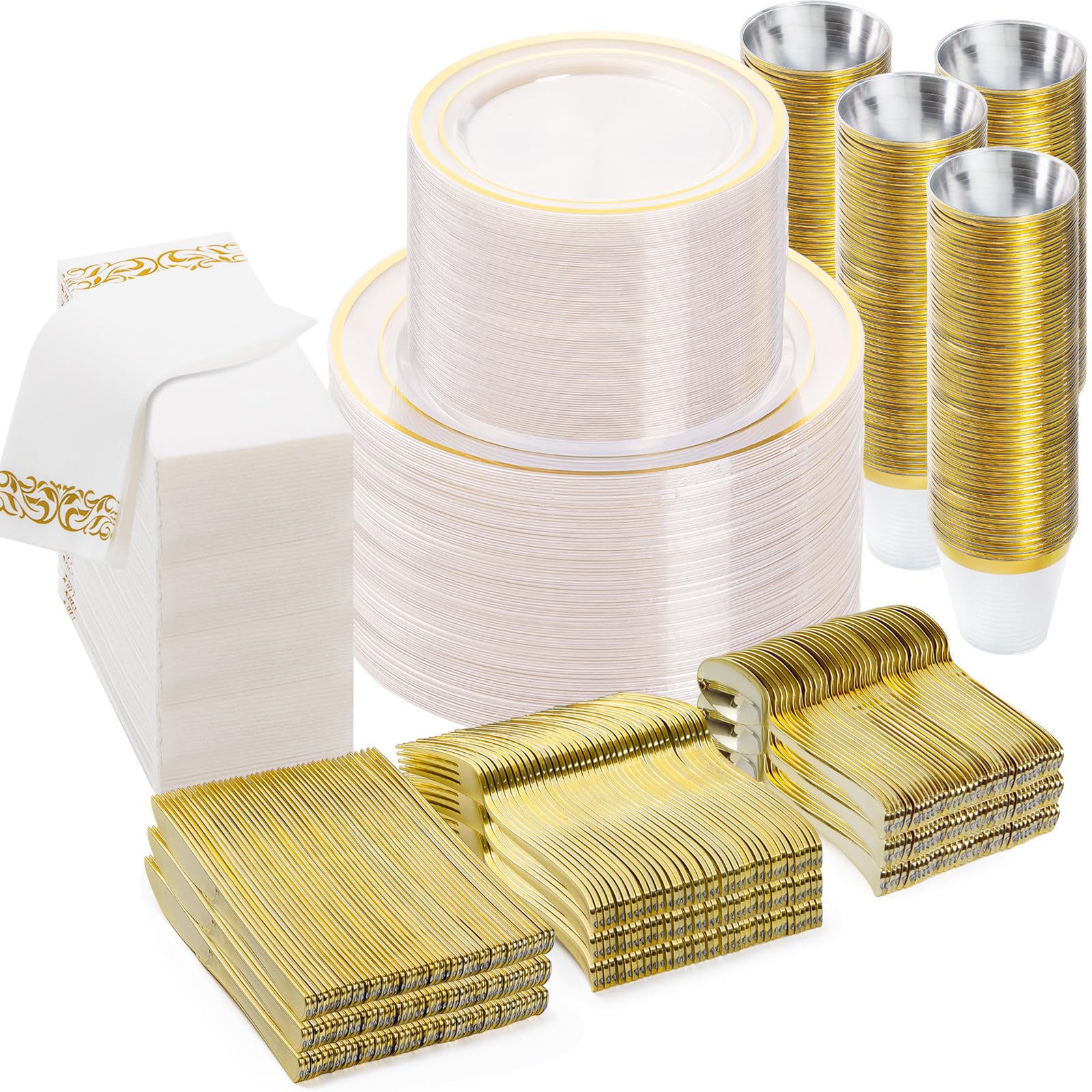 700-Piece Clear Gold Disposable Dinnerware Set for 100 Guests - Elegant Plastic Plates, Cups, Silverware & Napkins for Weddings, Parties & Events - Includes 200 Plates, 100 Gold Utensils, 100 Cups & 100 Napkins - Perfect for Birthday Celebrations, Bridal Showers & Catered Gatherings