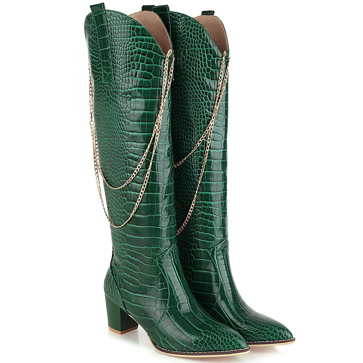 LEHOOR Women's Chunky Heel Knee High Western Boots - Wide Calf Cowboy Boots with Gold Chain & Pointed Toe | Retro Cowgirl Boots for Women | Perfect for Country Dancing, Rodeo, and Western Fashion Outfits