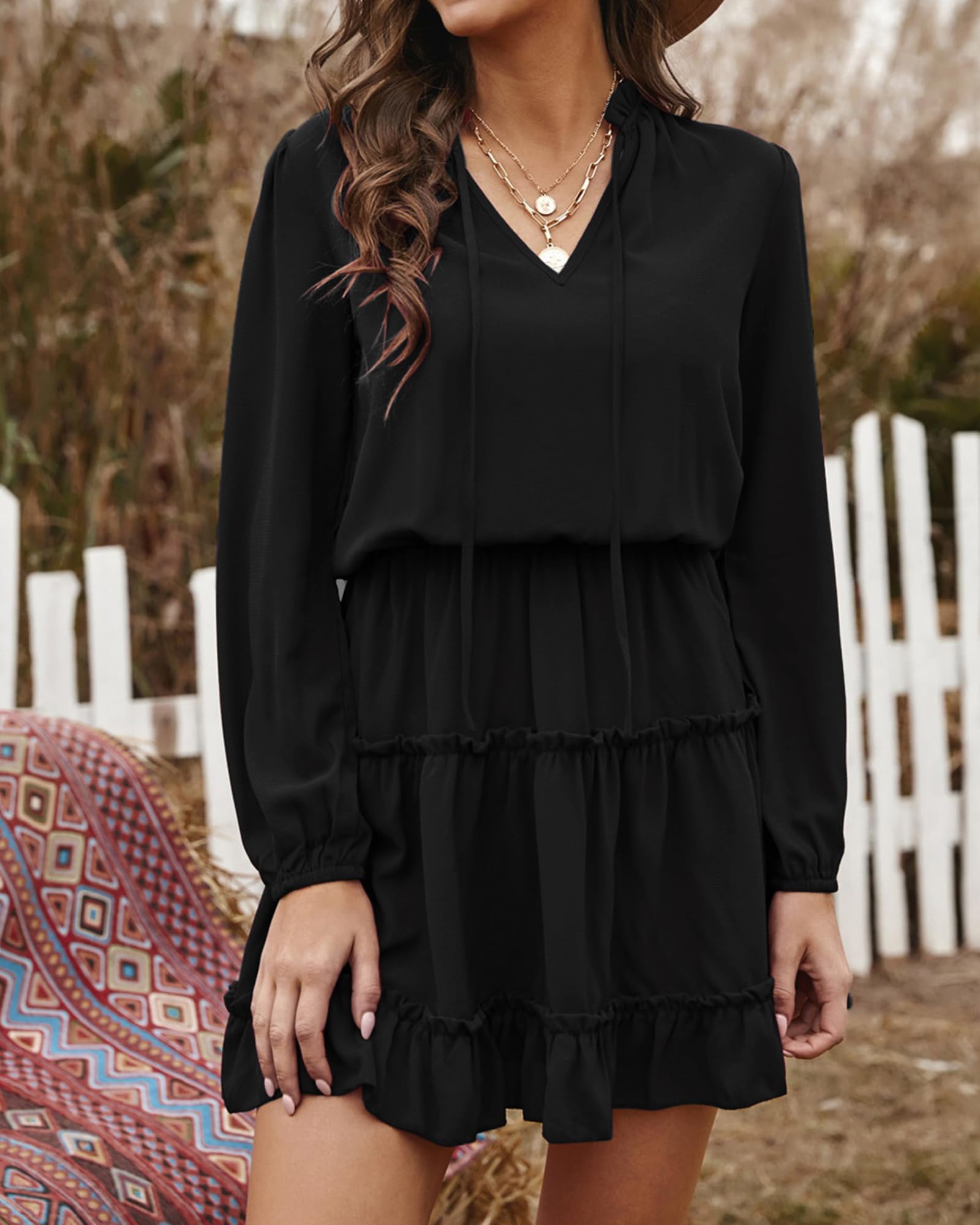 BTFBM Women's Casual Summer Spring Dress 2025 - Tie Neck Long Sleeve High Waist Tiered Ruffle A-Line Swing Mini Tunic Dress for Outdoor, Party & Daily Wear