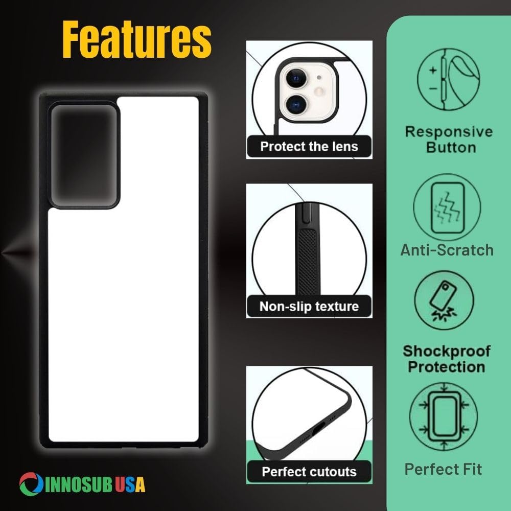 INNOSUB 5 Pack Sublimation Phone Cases for Galaxy Note 20 Ultra - Blank Rubber Black Dye-Sub Cases with Aluminum Inserts | Printable Phone Cover Blanks for DIY Customization - Perfect for Gifts, Promotions & Personal Use