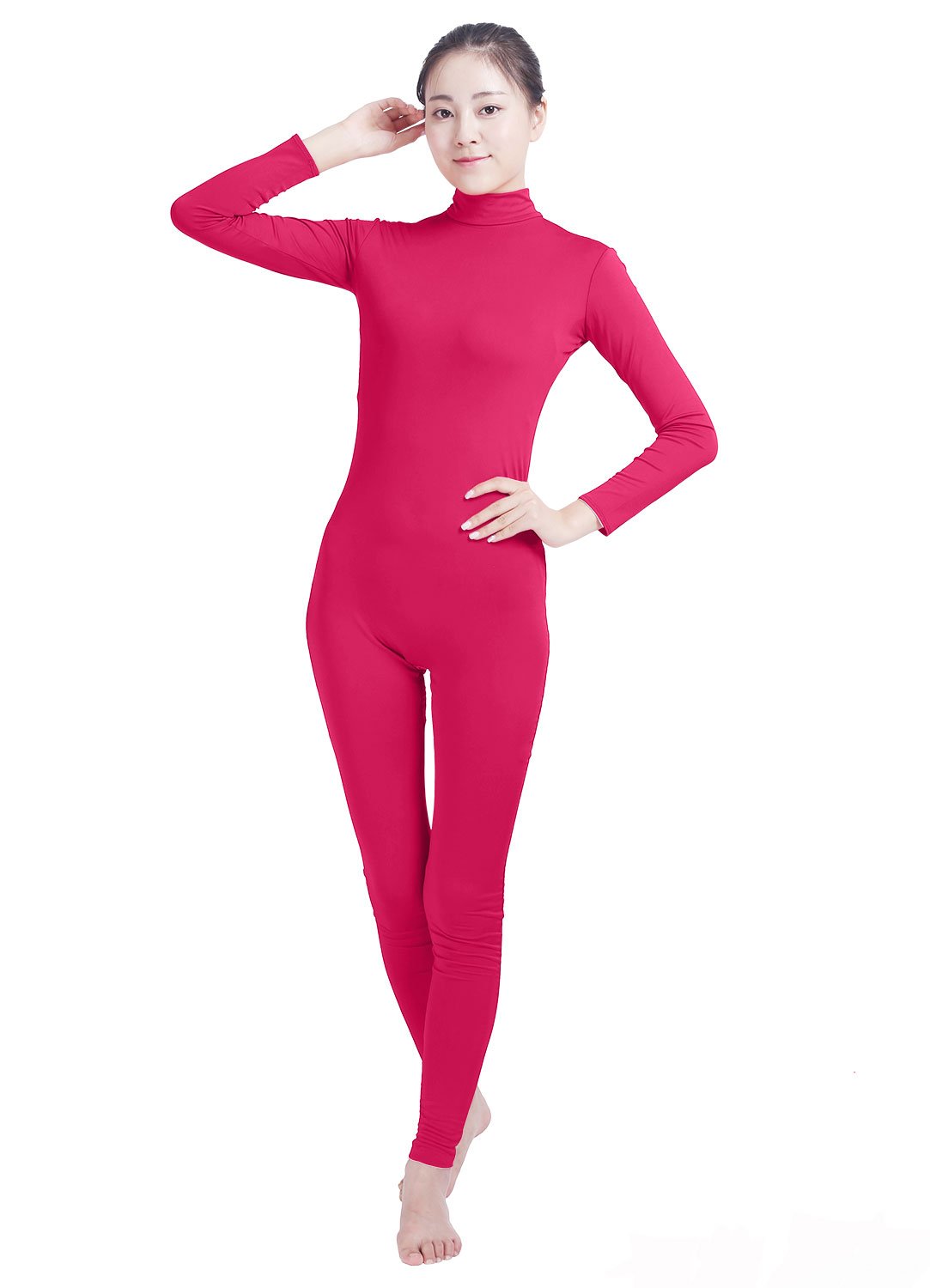 Women's High Neck Zip One Piece Unitard - Full Body Leotard & Bodysuit - Stretchy Lycra Spandex Skin Tights in Rose Red - Perfect for Dance, Yoga, Gymnastics & Workouts