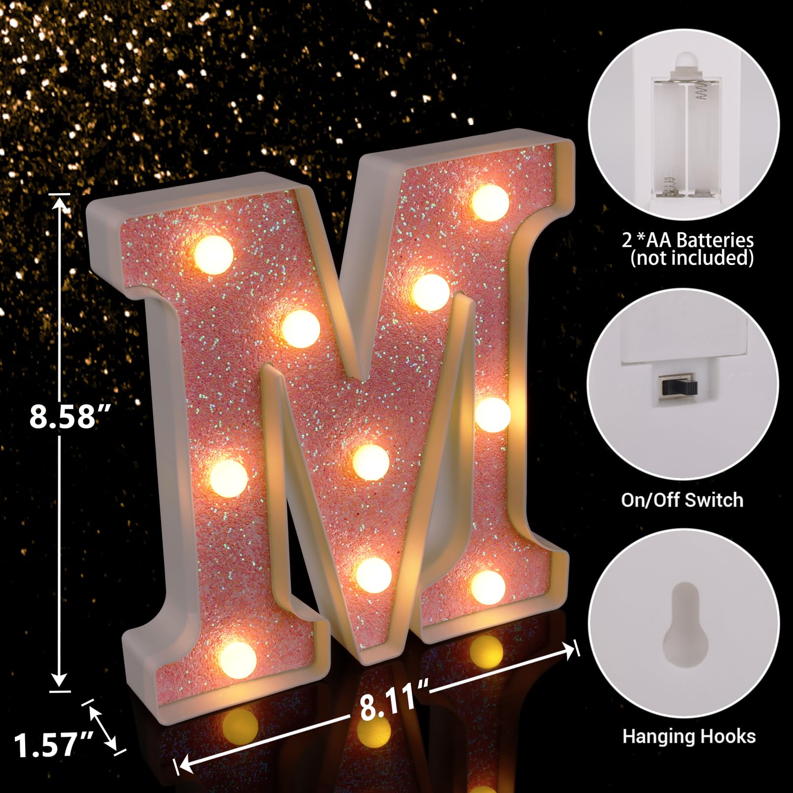 Pink Glitter LED Marquee Letter M - Battery Powered Light Up Alphabet Sign for Home, Party, Wedding, Birthday & Christmas Decor - Perfect for Girls Room, Bar & Night Decorations