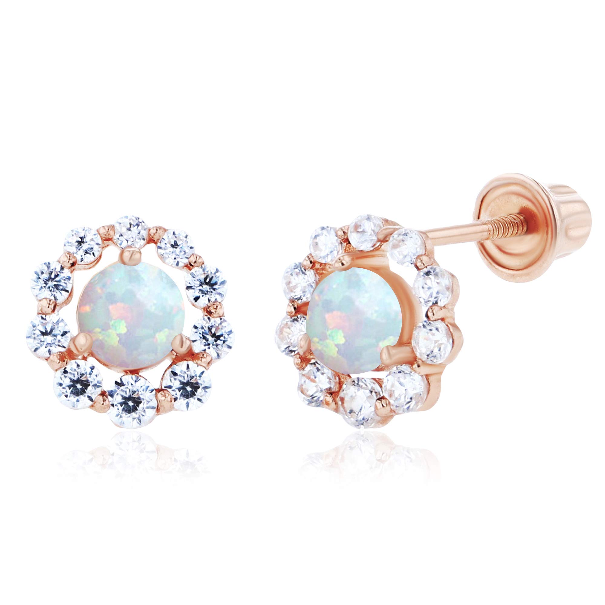 14K Solid Gold 6mm Halo Birthstone Stud Earrings for Women | Natural Gemstone Screw Back Earrings | March April May June July August September October November December Birthstones | Perfect for Birthday Gifts, Anniversary Presents, Mother's Day & Special Occasions
