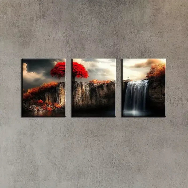 3-Piece Red Tree On The Cliff with Waterfall Canvas Wall Art Set - Framed 50x70cm (19.7x27.6in) High Quality Print | 100% Australian Made | Ready to Hang | Perfect for Living Room, Bedroom & Office Decor