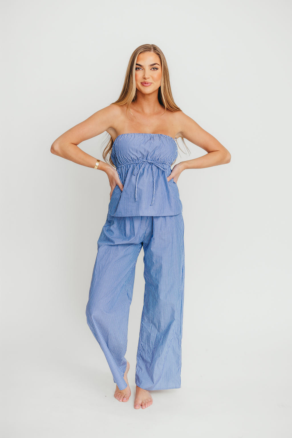 100% Cotton Tube Top and Pants Set - Blue Stripe Women's Casual Outfit for Summer Beach, Yoga & Lounge Wear