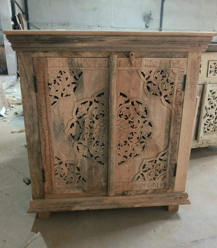 Hand Carved Solid Wood Entryway Cabinet with Two Doors - Rustic Farmhouse Style Hallway Storage for Shoes, Coats & Home Decor | Perfect for Entryways, Living Rooms & Bedrooms