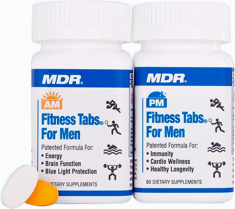 Doctor-Formulated MDR Fitness Tabs AM/PM Multivitamin for Men - Patented Nutrient Timing, Gluten Free, 2 Month Supply - Boost Energy & Recovery for Active Lifestyles