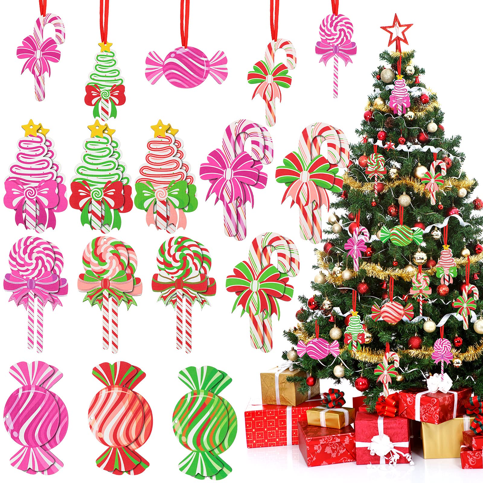 24-Piece Colorful Wood Candy Cane Christmas Tree Ornaments Set - Peppermint Decor, Round Candy & Lollipop Ornaments with Ropes - Perfect for Christmas Tree Decorating, Holiday Parties & Festive Home Decor