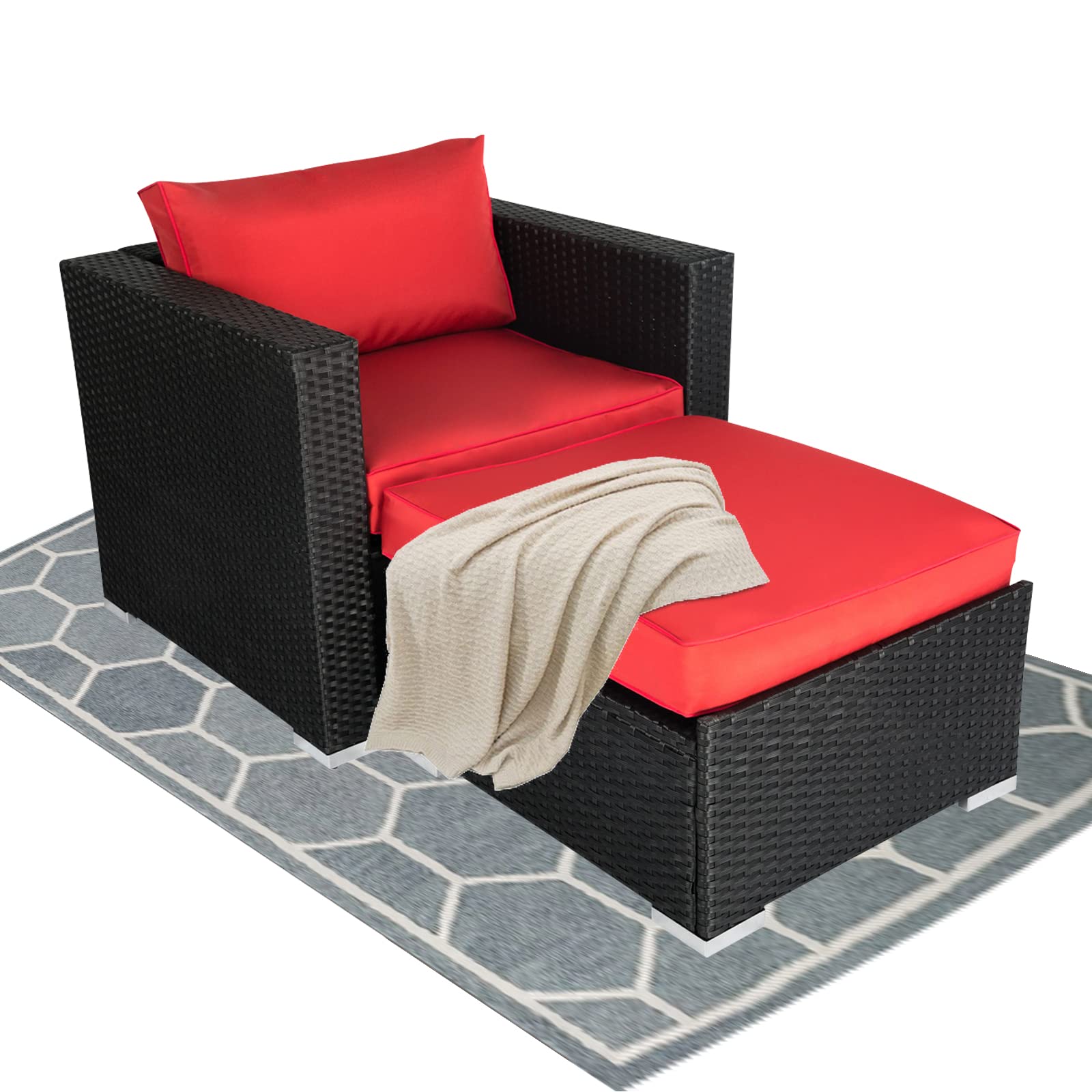 Kinbor Outdoor Chair with Ottoman - Patio Furniture Set, Rattan Garden Couch with Cushions for Balcony, Deck & Backyard (Red) | Perfect for Relaxing, Sunbathing & Outdoor Entertaining