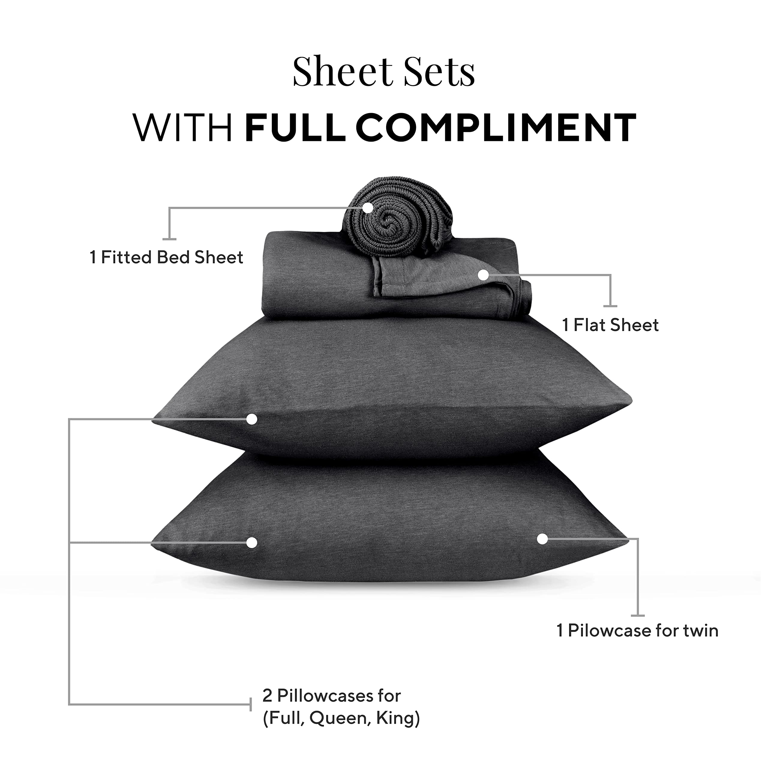EnvioHome Jersey Sheets Queen Set – Extra Deep Pocket Fitted Sheet, Flat Sheet & 2 Pillowcases - Soft Cotton Blend Bedding for Comfortable Sleep - Charcoal Grey - Perfect for Home, Dorm, Guest Room & Airbnb