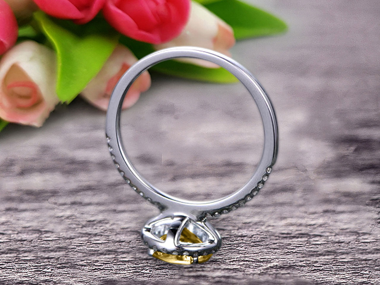 1.50 Carat Round Cut Champagne Diamond Moissanite Engagement Ring - 10k White Gold Art Deco Halo Design for Wedding, Proposal & Anniversary Gift