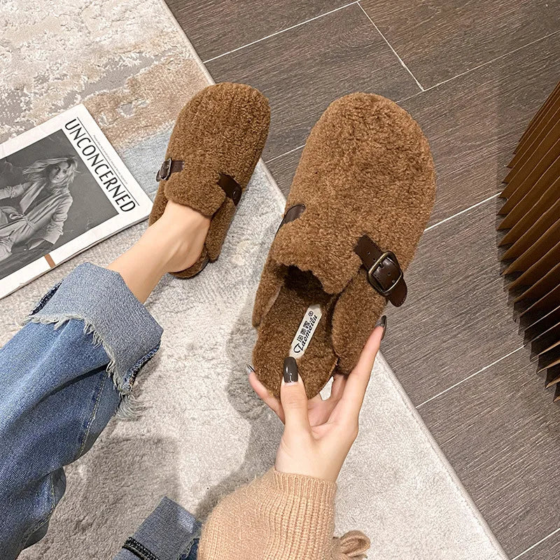 2023 Winter Warm Women's Plush Slippers - Cozy Indoor/Outdoor Flat Shoes for Home & Office - Ladies Casual Mules Size 41-43 - Perfect for Lounging, Working & Winter Comfort