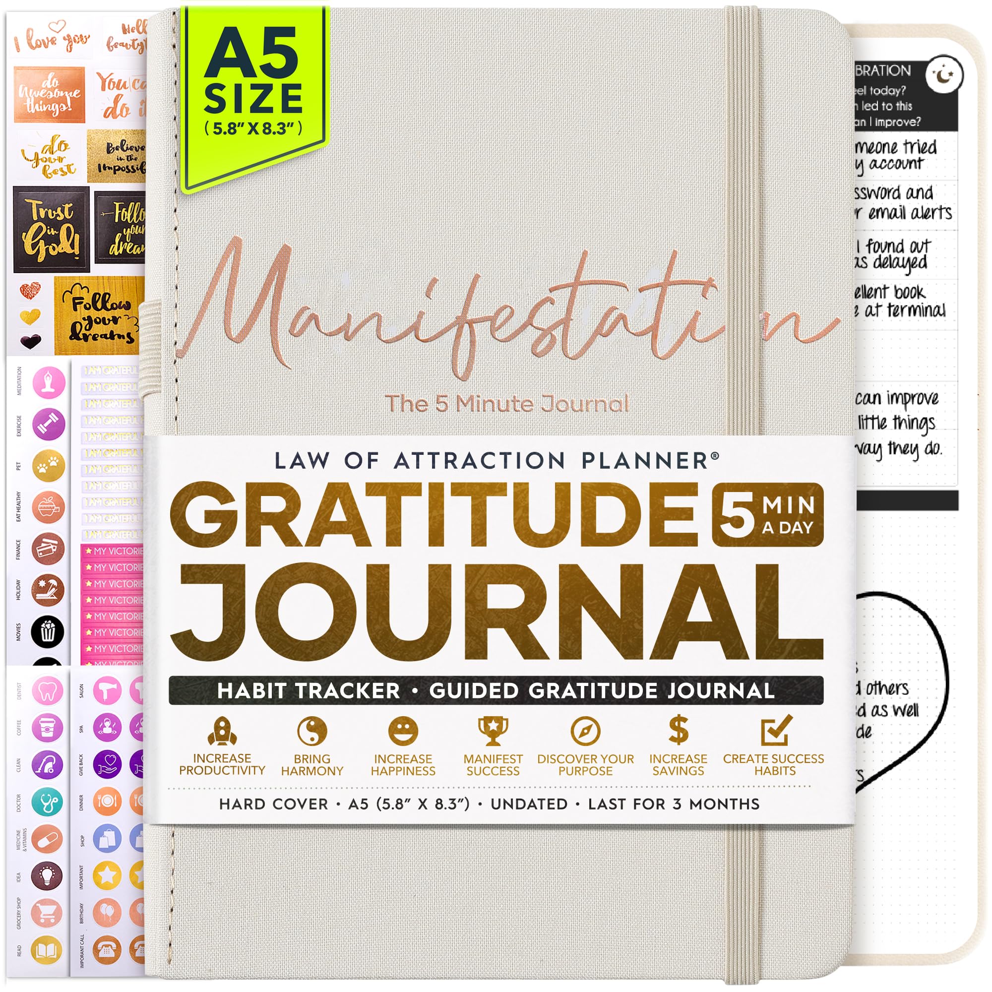 5 Minute Gratitude Journal for Women & Men - 90-Day Undated Daily Planner for Self Care, Positivity & Manifestation | Guided Mindfulness & Reflection Journal with Vision Board & Stickers | Perfect for Daily Affirmations, Goal Setting & Personal Growth