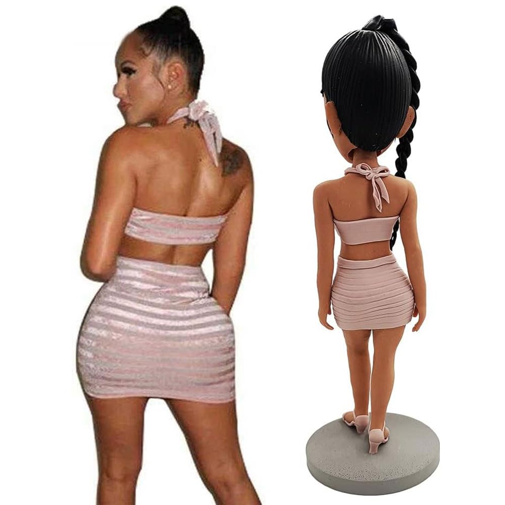 Custom Realistic Female Bobblehead Figurine - Personalized Long Braided Hair Doll in Pink Bikini Top & Skirt - Unique Birthday Gift for Wife, Girlfriend or Best Friend - Perfect for Anniversaries, Office Decor & Surprise Parties
