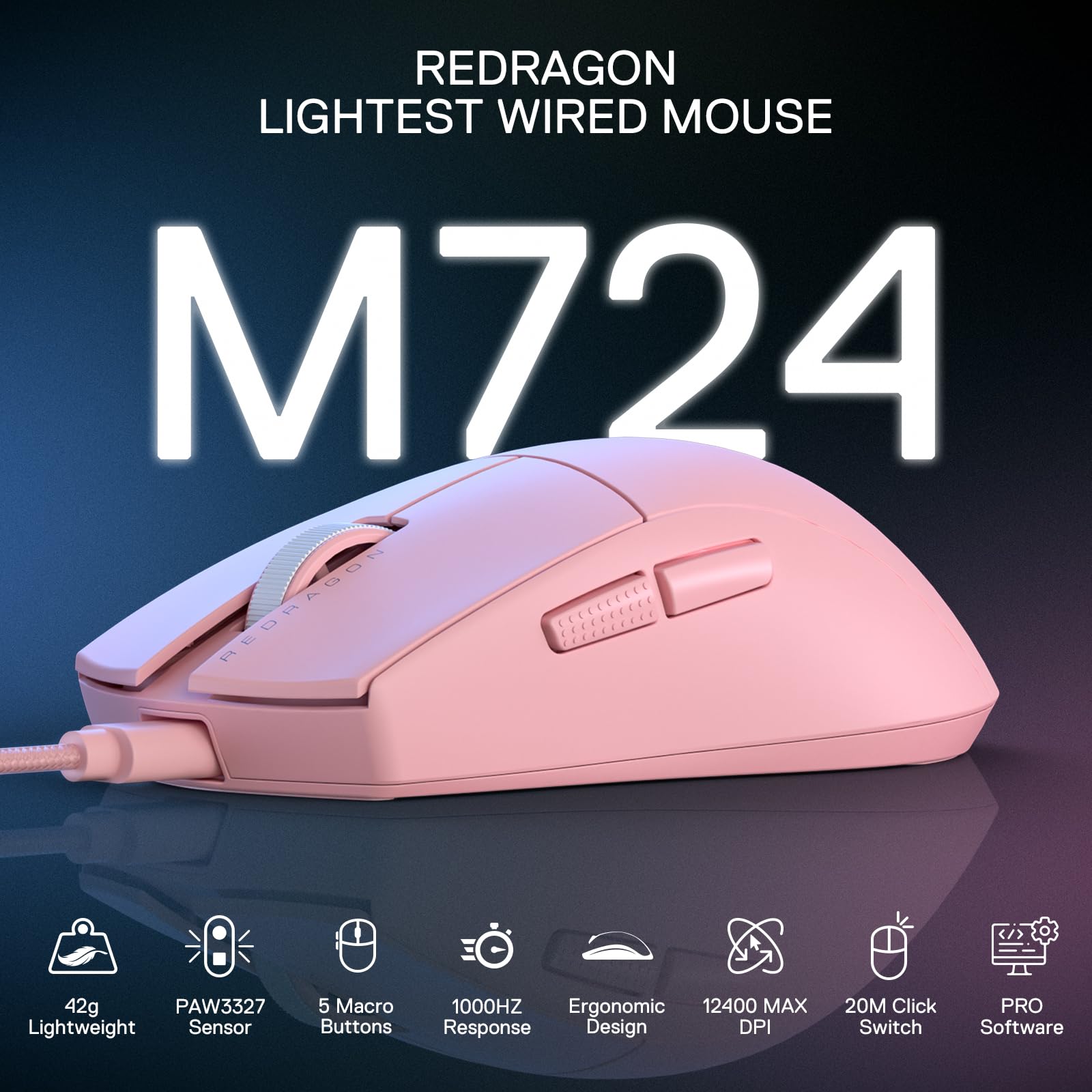 Redragon M724 Wired Gaming Mouse - 42g Ultra Lightweight, 12400 Max DPI Optical Sensor, 5 Programmable Buttons, Ergonomic Grip, Software Support for DIY Keybinds & DPI - Pink | Perfect for FPS, MOBA & Esports Gaming