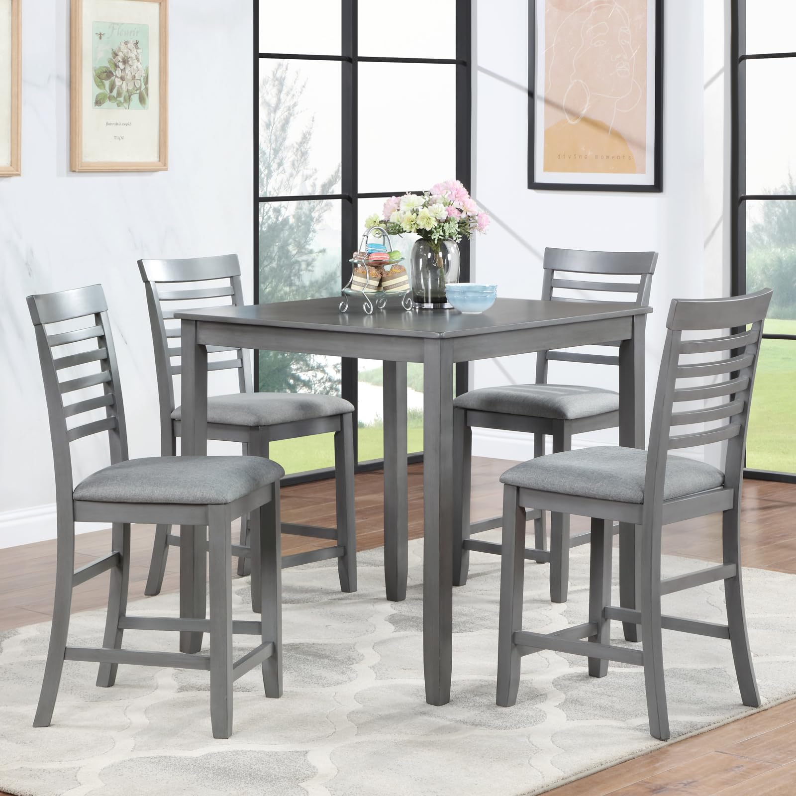 **Merax 5-Piece Counter Height Dining Table Set for 4 - Square Kitchen Table with 4 Linen Upholstered Chairs, Wooden Small Space Dining Set in Gray - Perfect for Apartments, Breakfast Nooks & Cozy Kitchens**