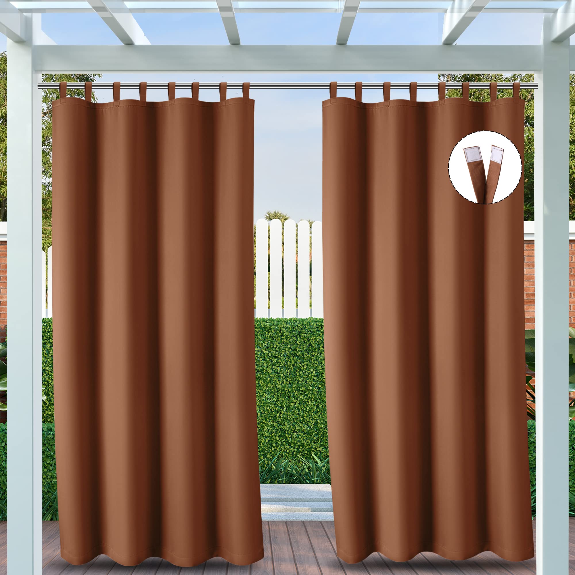 4 Panels Waterproof Outdoor Curtains for Patio - Detachable Sticky Tab Top for Easy Hanging - Privacy Curtains for Porch, Pergola, Arbor & Cabana - Includes Tiebacks (Brown, 54