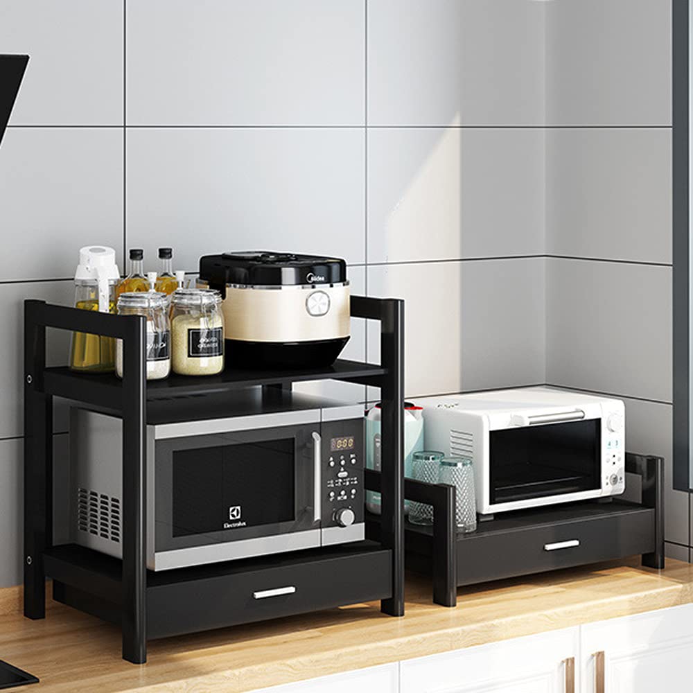 2-Tier Black Microwave Shelf Countertop Organizer with Drawer - Kitchen Storage Rack for Oven, Baker's Rack & Office Supplies - Perfect for Small Spaces, Dorm Rooms & Countertop Organization
