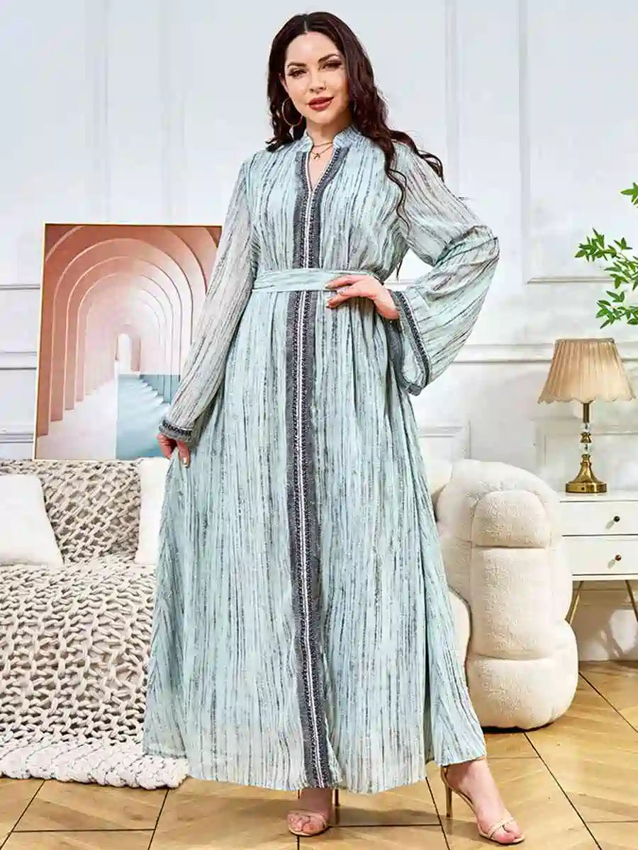 Hotfix Rhinestones Eid Caftan Kaftan Dress for Women - Elegant Long Sleeve Party Gown for Eid, Wedding, and Special Occasions #25392