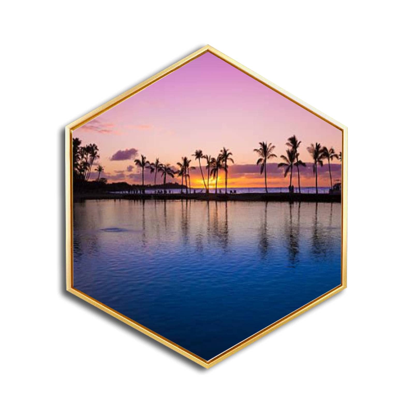 Hawaiian Sunset Canvas Wall Art - Golden Framed Giclee Print, Minimalist Modern Hexagon Decor for Home & Office - Ready to Hang | Perfect for Living Room, Bedroom & Workspace