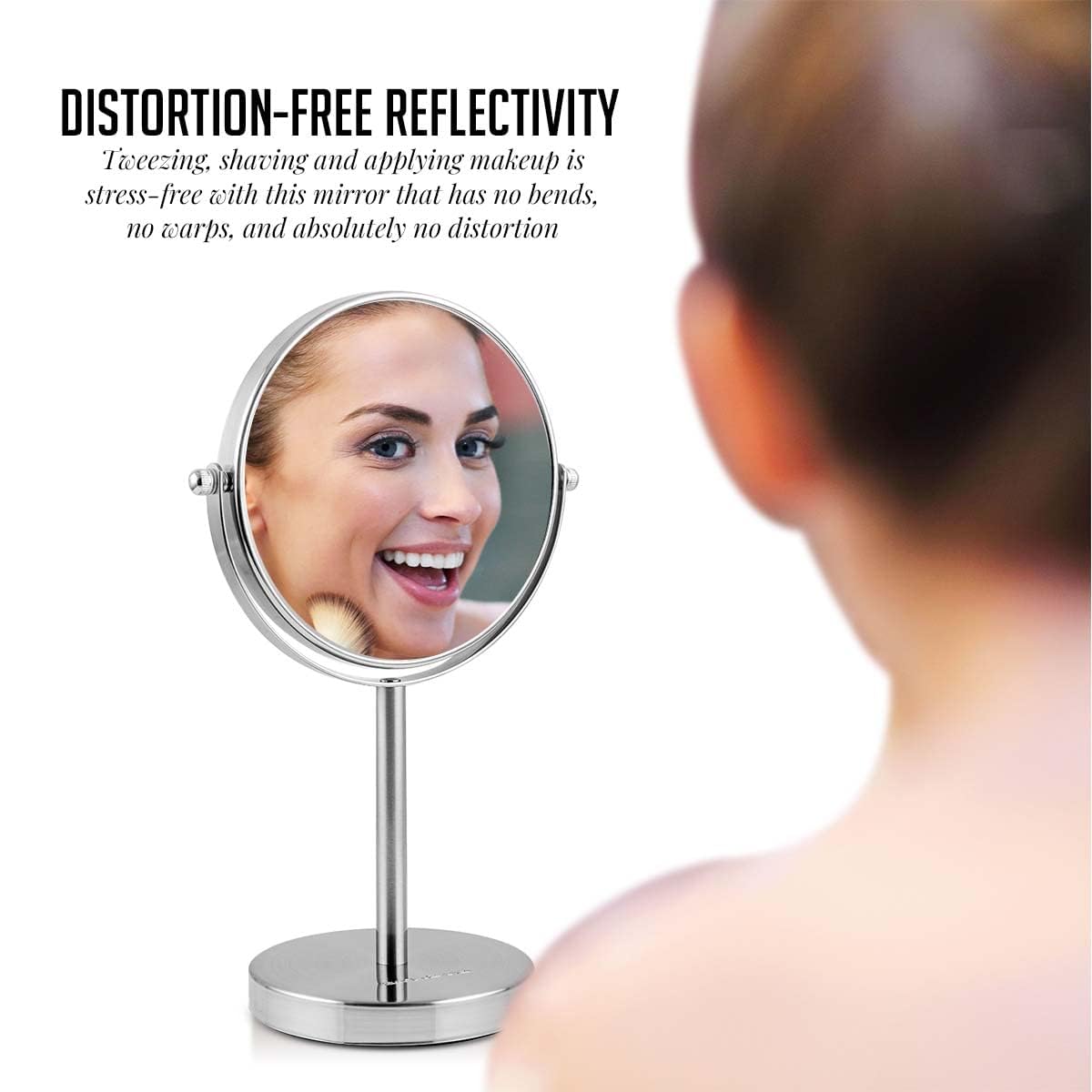OVENTE 6-Inch Double-Sided Vanity Mirror with 1X/7X Magnification, 360° Swivel Stand - Brushed Nickel Makeup Mirror for Dresser, Bedroom & Office Desk | Perfect for Makeup Application, Skincare Routine & Grooming