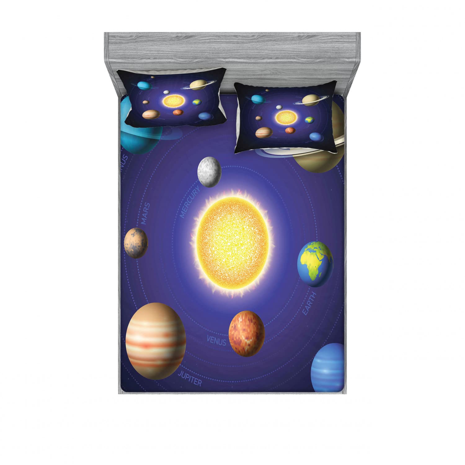 Ambesonne Space Themed 2-Piece King Size Fitted Sheet Set with 4 Pillow Shams - Solar System Planets Design Bedding Collection for Adults & Kids - Perfect for Astronomy Lovers, Dorm Rooms, and Themed Bedroom Decor