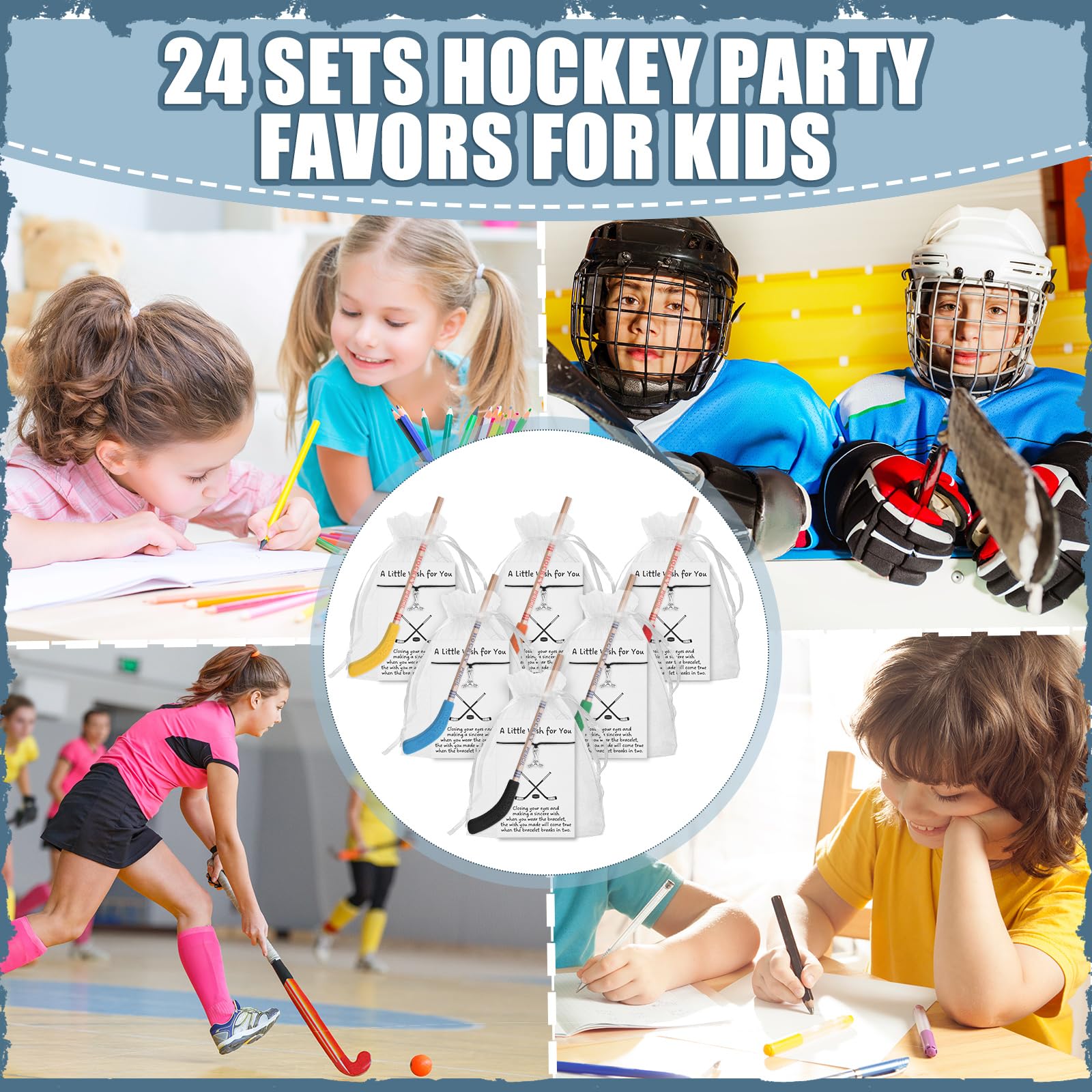 24 Sets Hockey Themed Graduation Gifts for Players - Includes Hockey Pencils with Erasers, Wish Bracelets, Cards & Gift Bags - Perfect for Team Celebrations, Birthday Parties & School Awards (Sports Motivational Gifts)