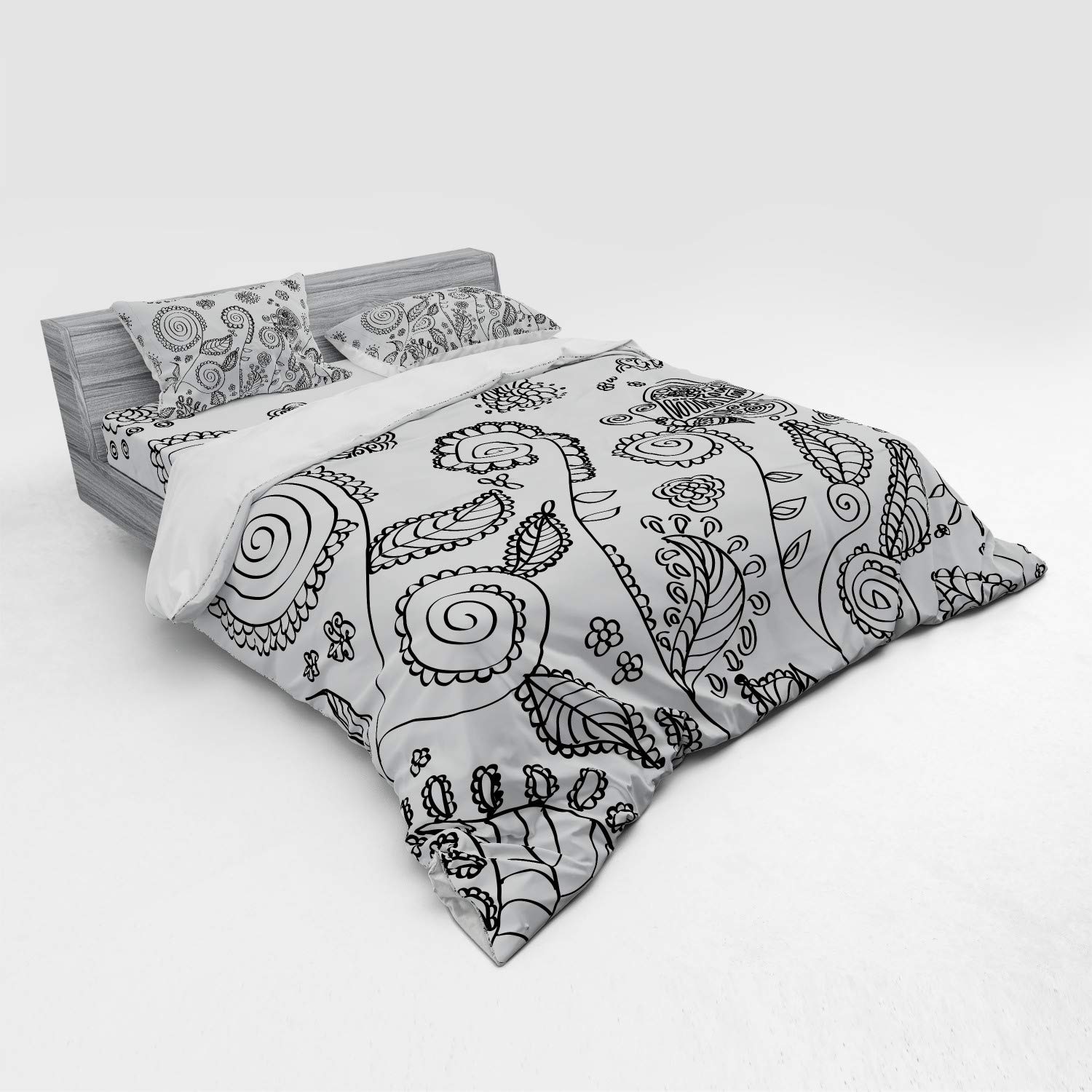 Ambesonne Floral Bedding Set 4-Piece Duvet Cover - King Size Black & White Doodle Style Circular Swirled Flower Petals with Butterflies & Leaves Design - Includes Shams & Fitted Sheet for Cozy Bedroom Decor