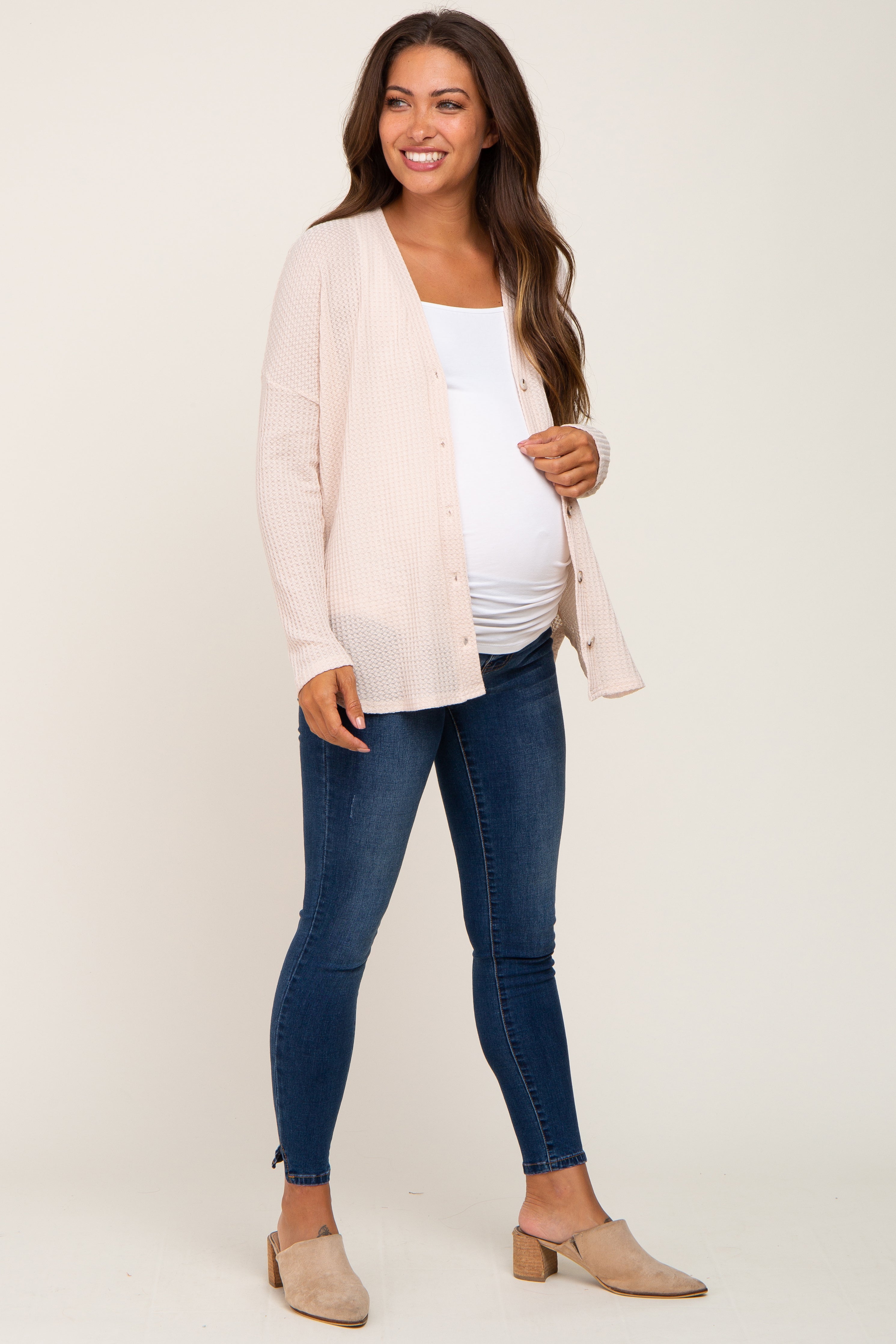 Beige Waffle Knit Button Down Maternity Top for Women - Soft & Comfortable Pregnancy Shirt - Perfect for Casual Wear, Nursing & Maternity Photos