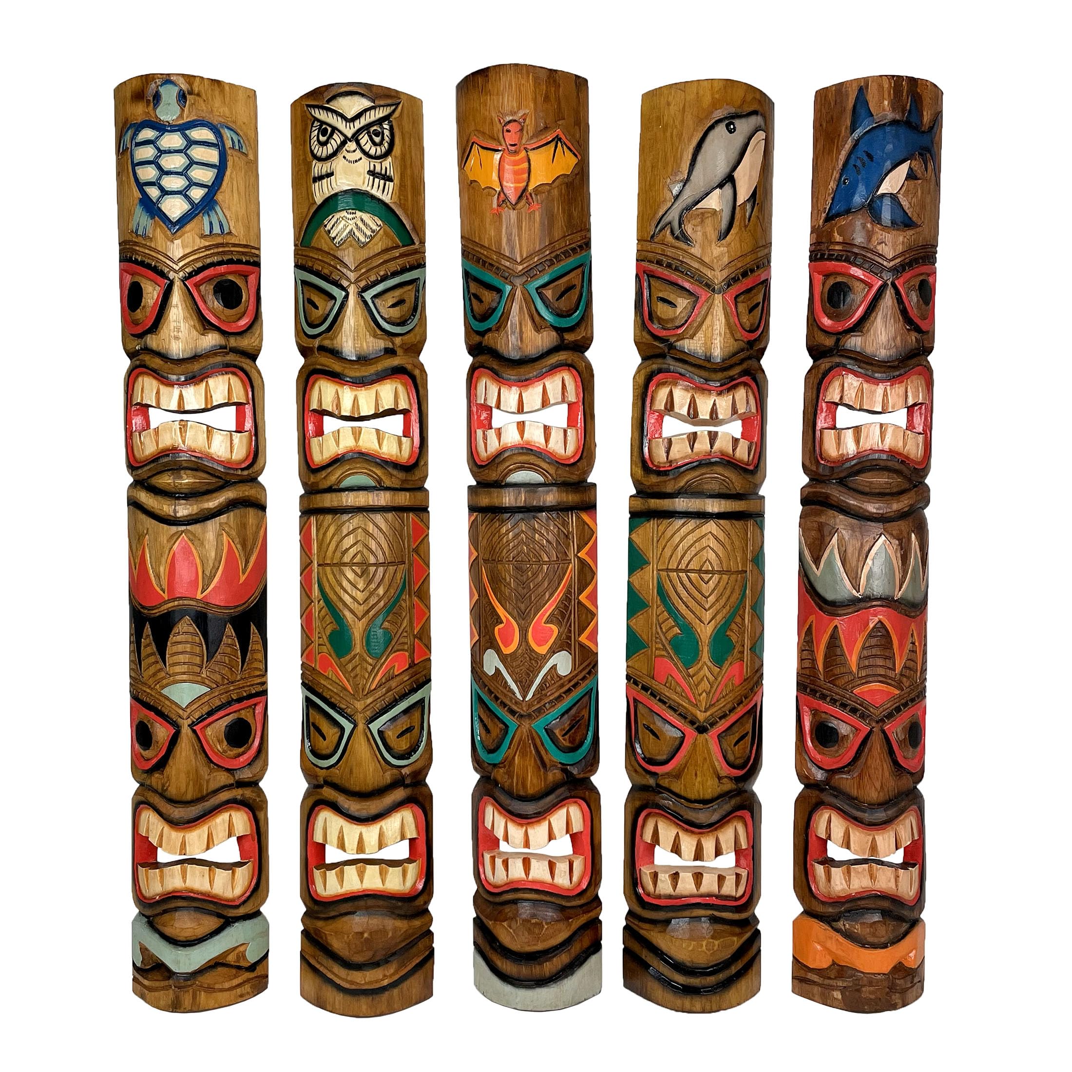 Zeckos Set of 5 Hand-Carved 40-Inch Double Tiki Mask Wall Decor - Polynesian Hawaiian Artisan Wall Art for Patio, Living Room & Bar Decor | Unique Tropical Home & Office Decoration