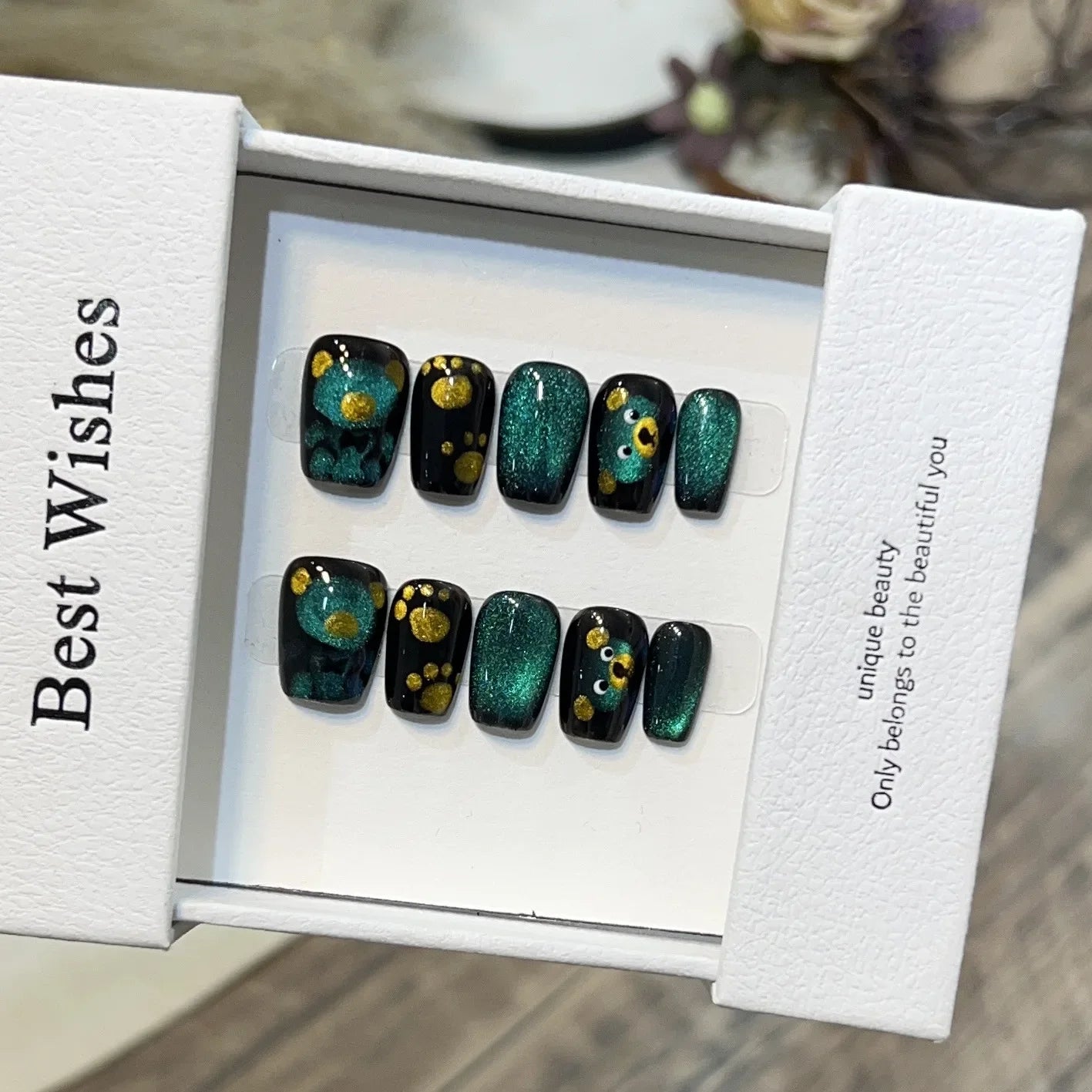 10Pcs Cute Sweet Teddy Bear Press On Nails - Handmade Fake Nails with Glue, Sparkling Gel Ombre Nail Tips, Cartoon Nail Art Design for Women & Girls - Perfect for Parties, Weddings, Holidays & Daily Wear