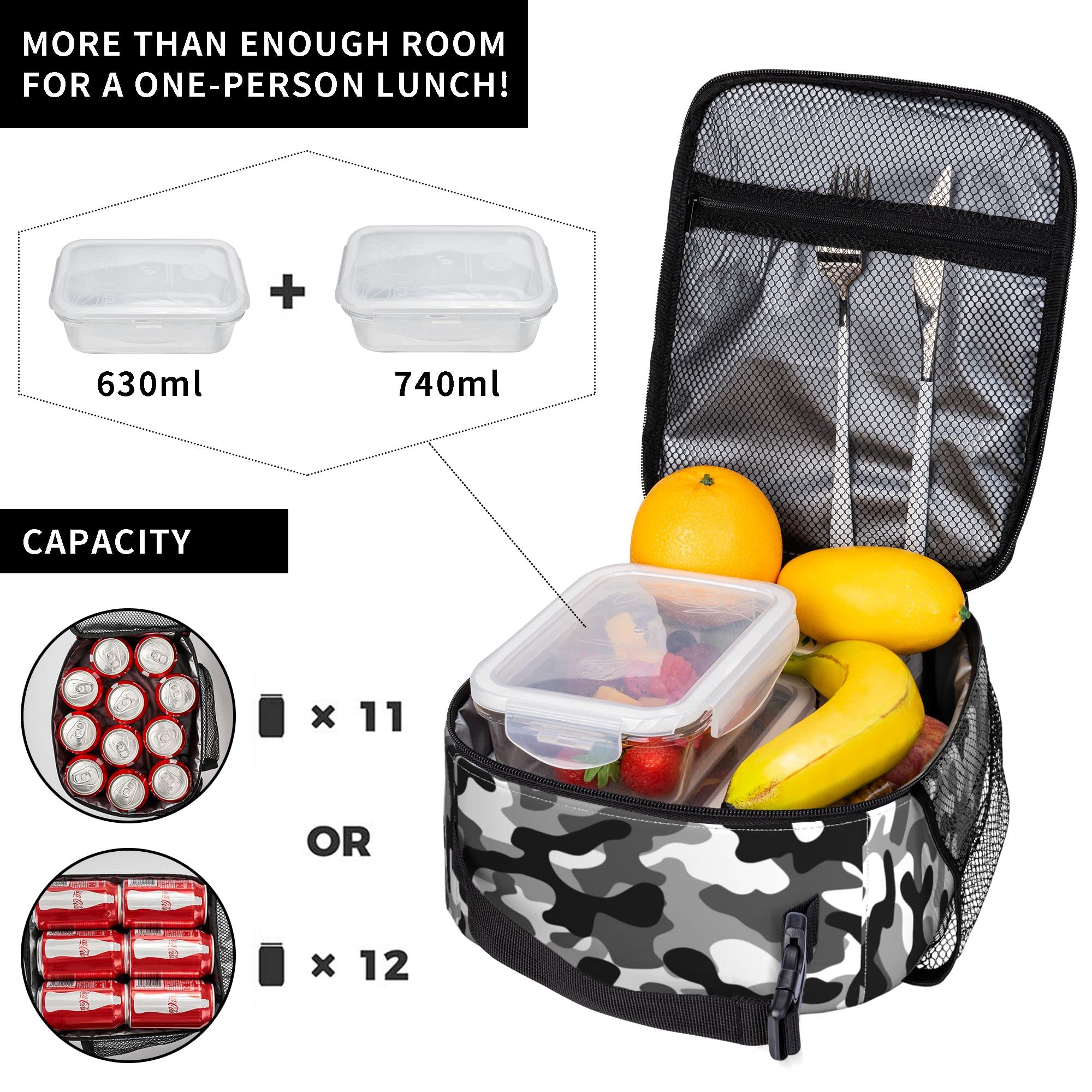 Black Camo Insulated Lunch Bag for Men & Women - Reusable Thermal Tote for Office, School, Camping & Picnic - Keeps Food Cold or Warm All Day