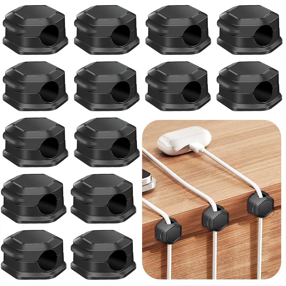 14-Pack Magnetic Cord Organizer Clips - Self-Adhesive Cable Management for Desk, Car & Office - Black USB Charger Holder for Phones & Devices - Perfect for Home, Work & Travel Organization