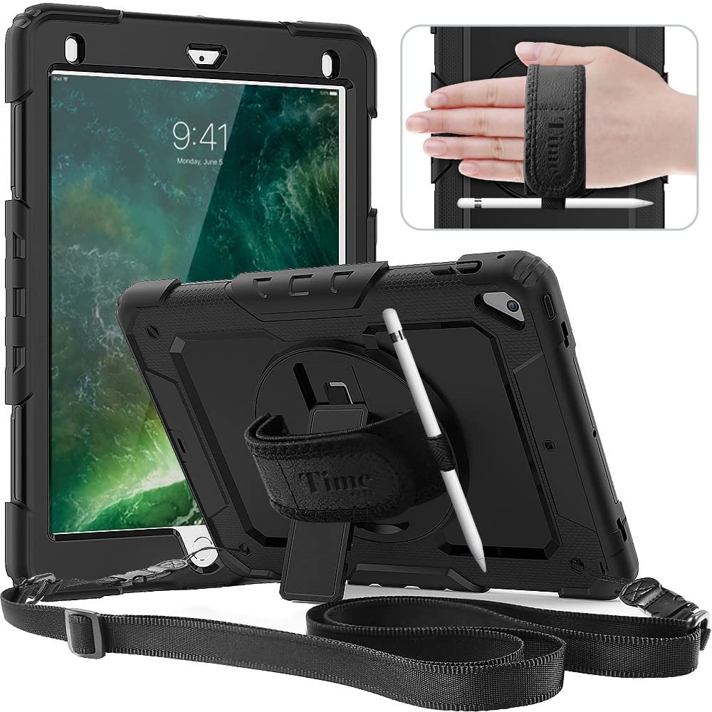 Timecity Rotating Stand Case for iPad 6th/5th Generation (2018/2017) & iPad Air 2/Pro 9.7 Inch - Full Body Protective Cover with Hand Strap | Shockproof Silicone+PC Hybrid Design | Perfect for Students, Office Workers & Travel Use - Black