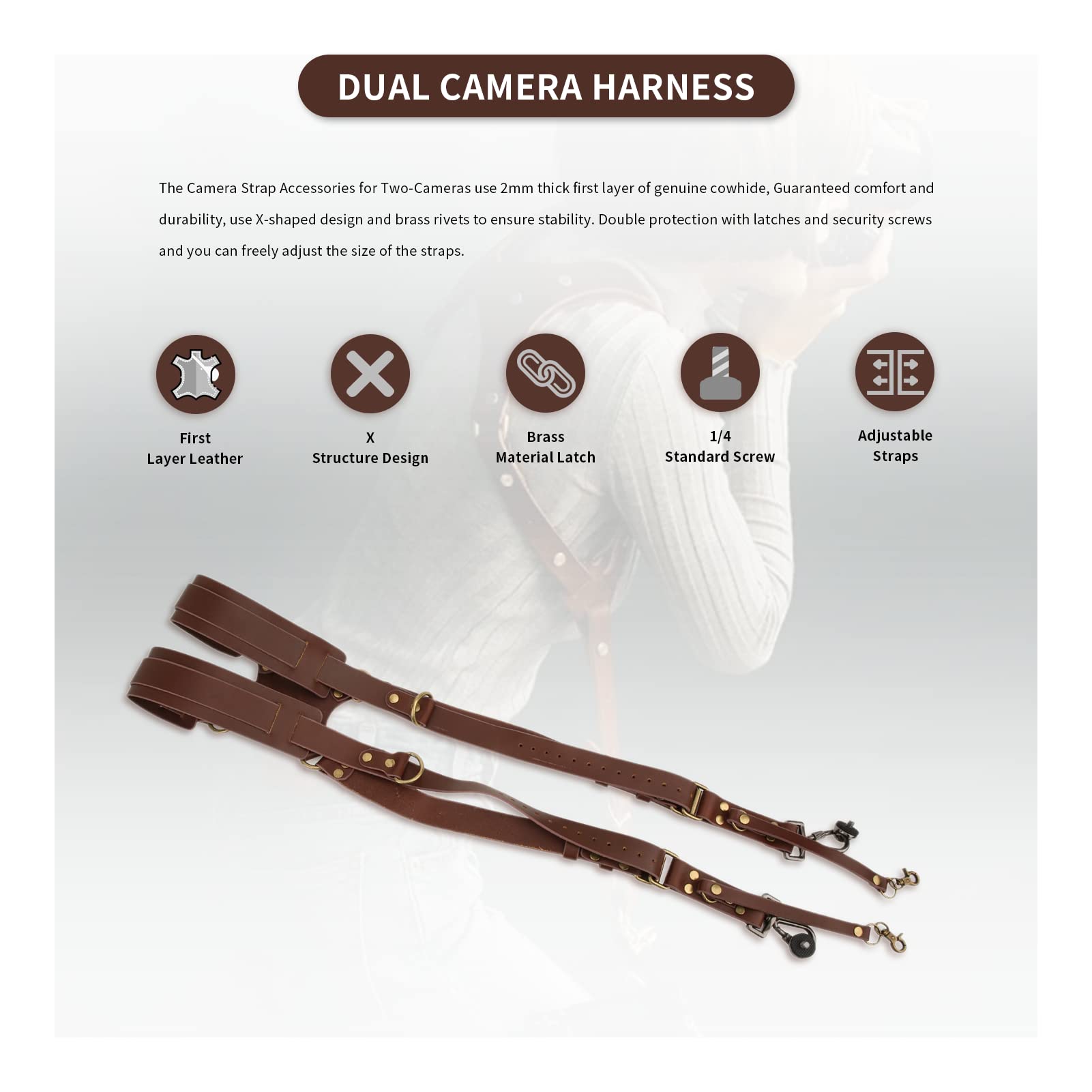 Double Camera Strap - Adjustable Leather Shoulder Harness for Two DSLR Cameras | Perfect for Wedding Photographers & Travel Vlogging