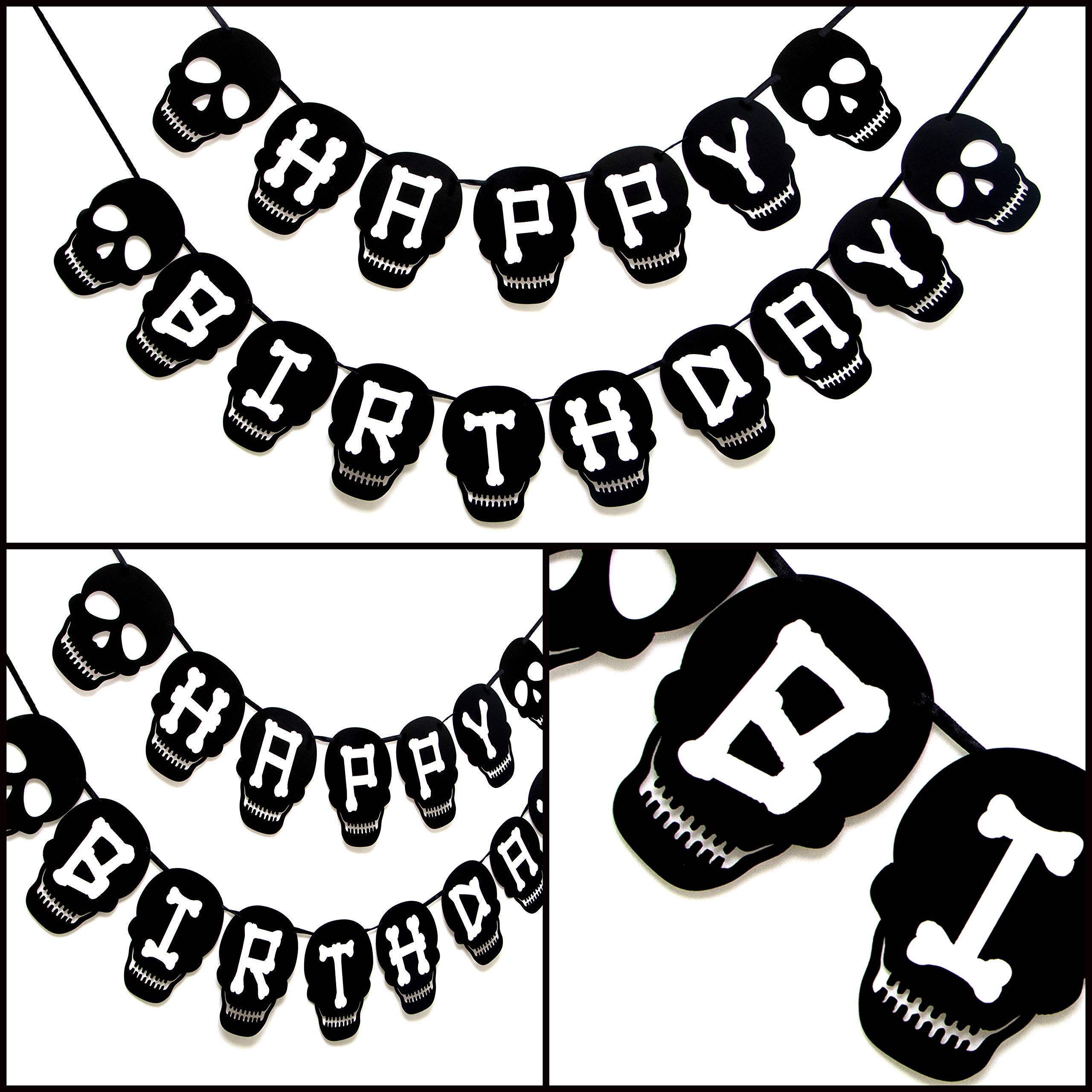 Happy Birthday Banner with Black Skull Design - Party Decorations for Halloween, Gothic & Themed Birthday Celebrations