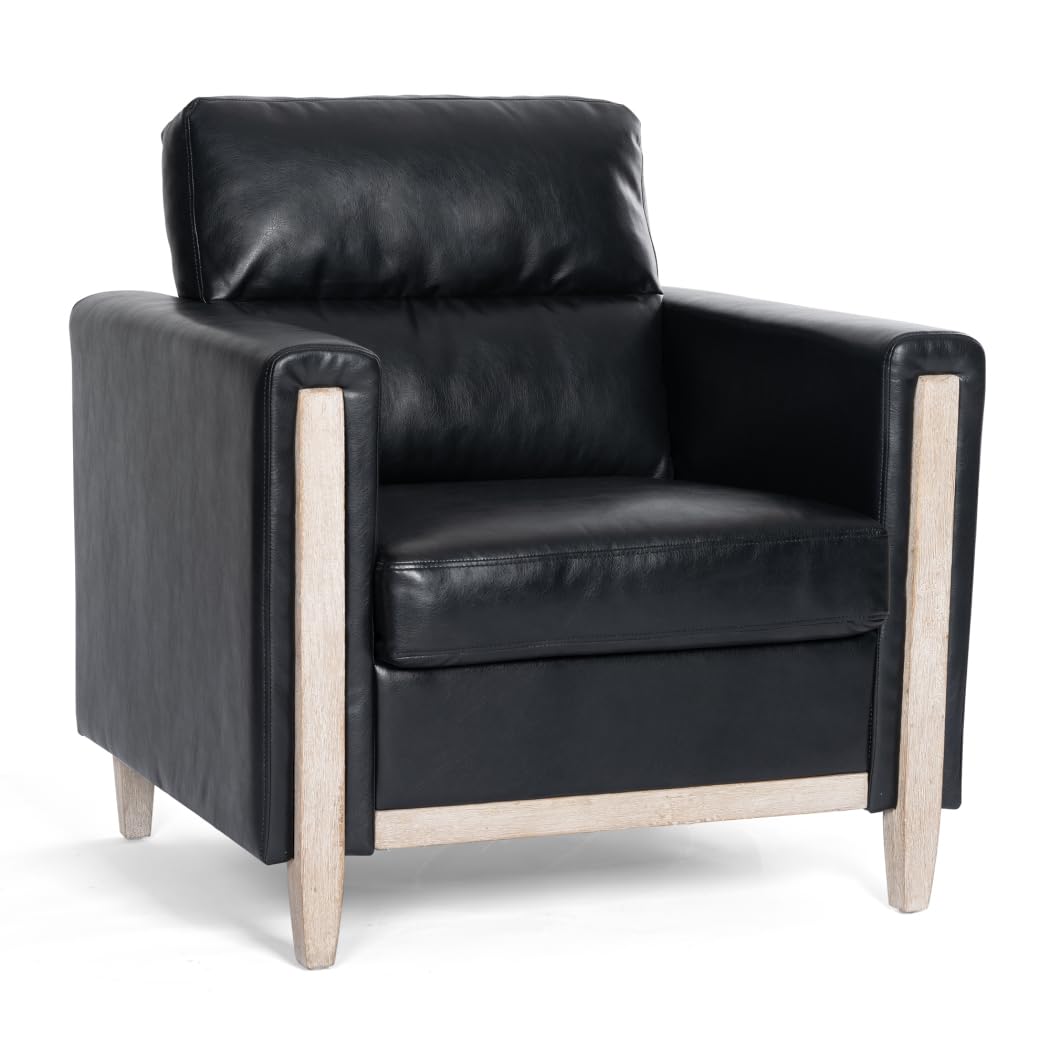 Modern Upholstered Armchair - Mid Century Single Seater Sofa with PU Leather - Comfortable Accent Chair for Living Room, Bedroom, Apartment & Office - Perfect for Small Spaces, Reading & Relaxing - Black PU Leather Lounge Chair