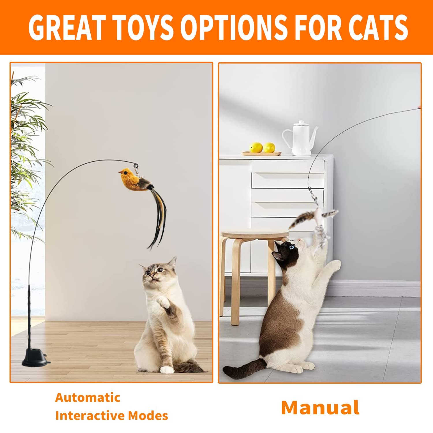 Interactive Cat Feather Toys with Super Suction Cup - 3 Pcs Detachable Replacement Set with Bells - Fun Indoor Play for Active Cats - Perfect for Exercise, Bonding & Mental Stimulation