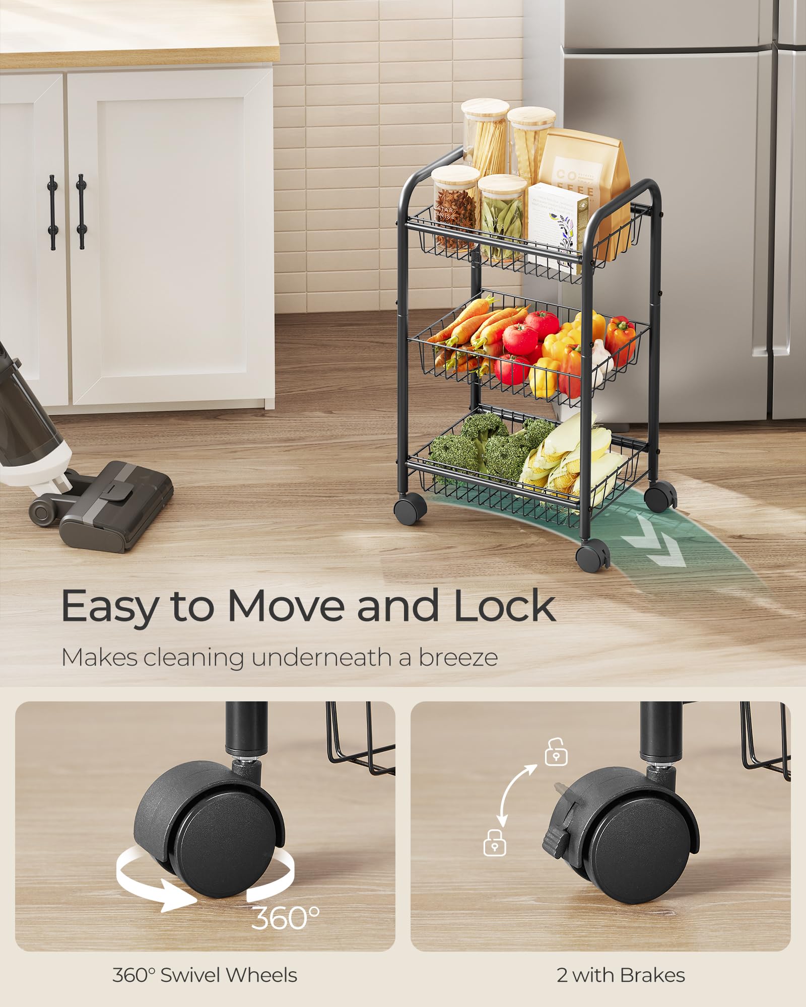 SONGMICS 3-Tier Metal Rolling Cart with Wheels & Lockable Baskets, Utility Trolley with Handles for Kitchen Storage, Bathroom Organization & Closet Shelving - Removable Shelves, Black UBSC03BK | Perfect for Home, Office & Dorm Room Organization