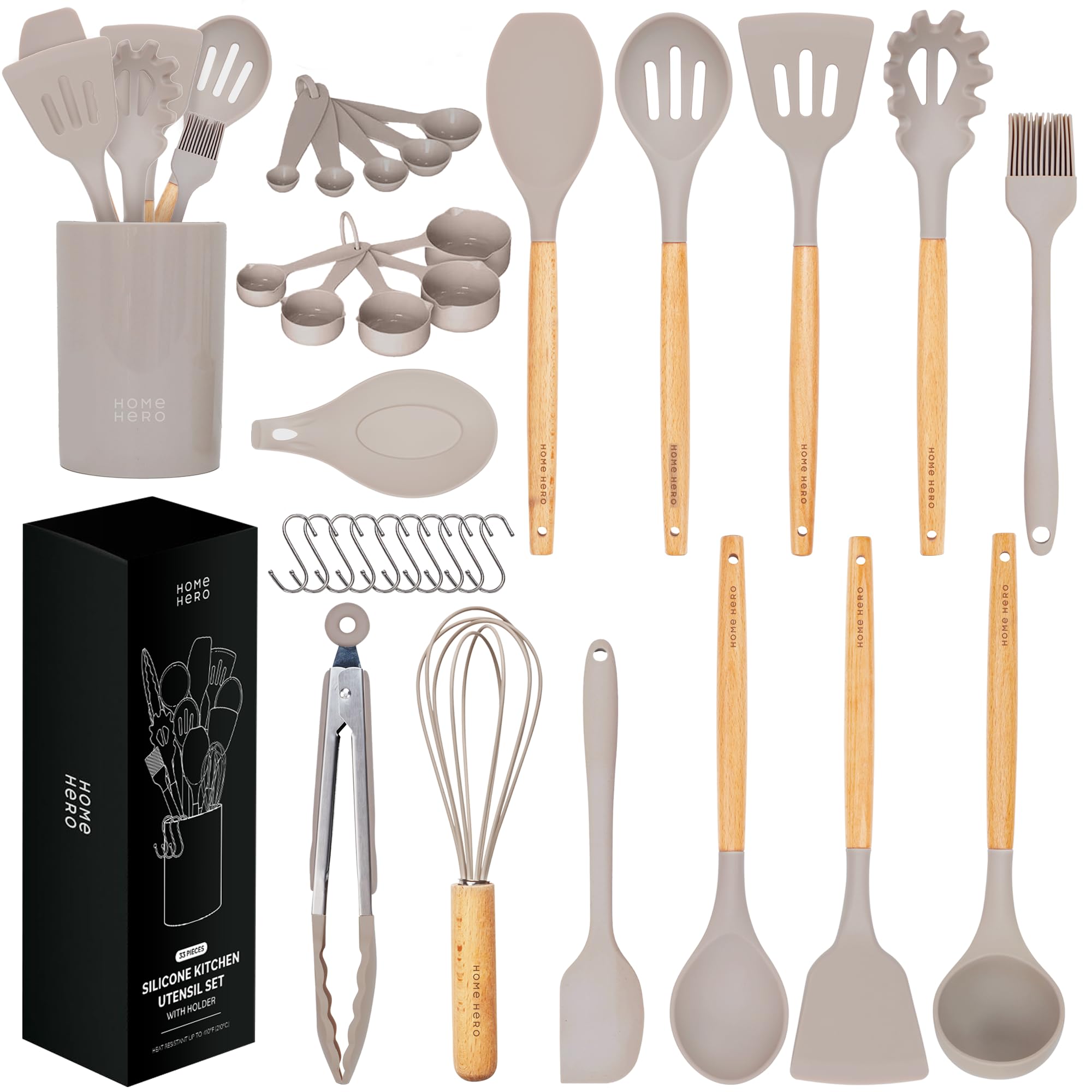 Home Hero 33-Piece Non-Stick Silicone Kitchen Utensil Set with Wooden Handles & Holder - Spatulas, Cooking Tools & Gadgets for Baking, Grilling & Everyday Cooking (Khaki)