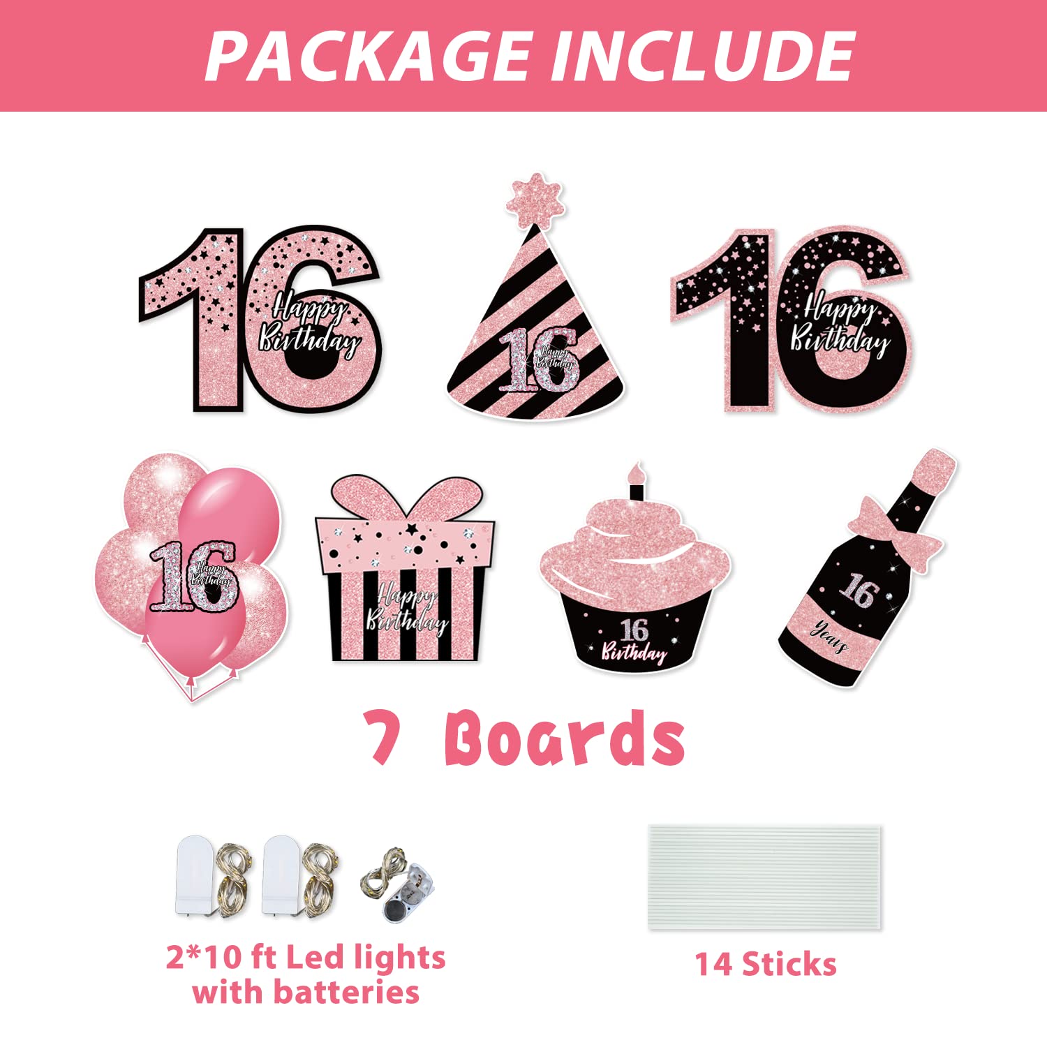 Sweet 16 Birthday Party Decorations - 7 Pcs Black & Pink Yard Signs with Stakes & 2 Pcs LED Lights | Sparkling Night Display | Weatherproof Outdoor Lawn Decor for Teen Girls Birthday, Graduation, Backyard Celebration