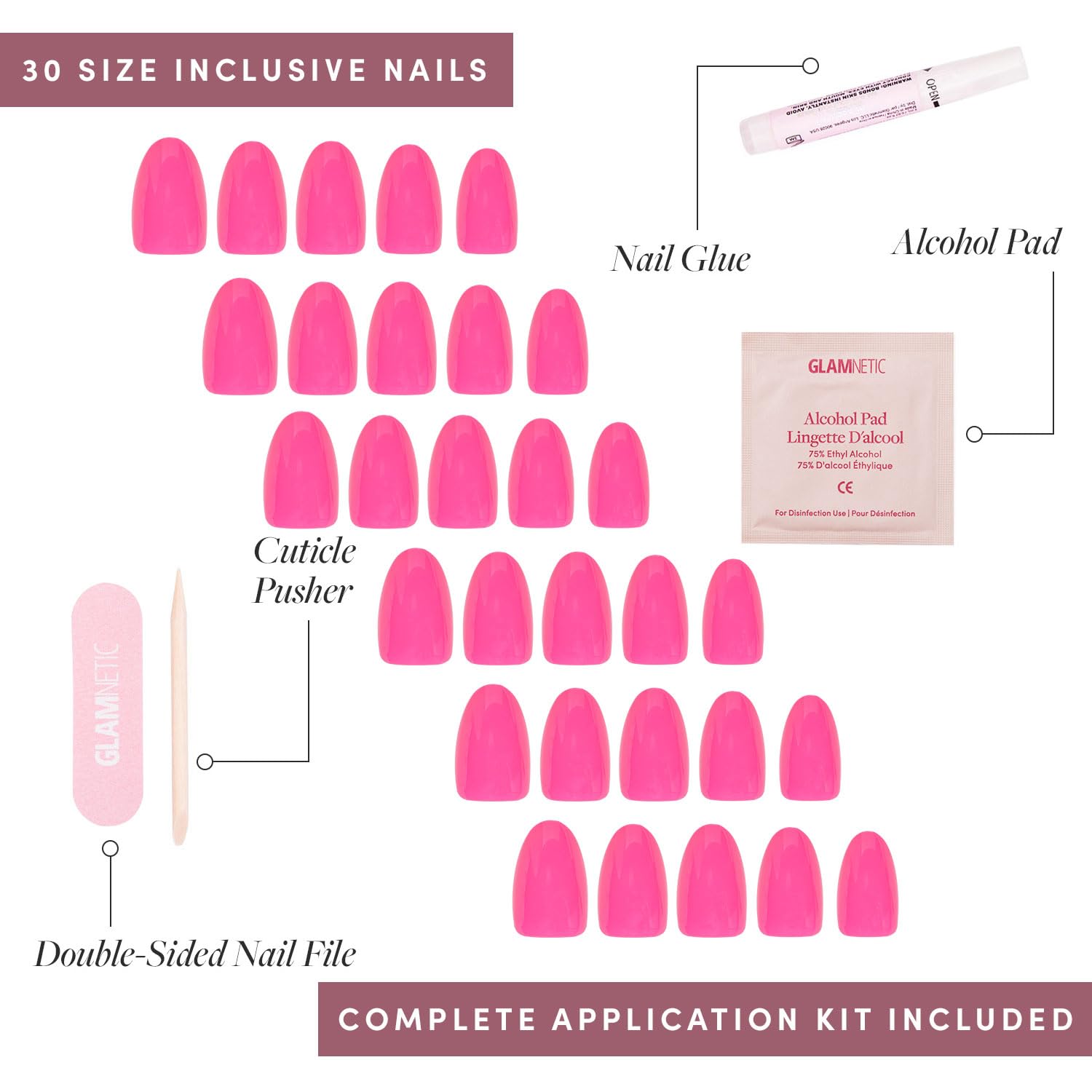 Glamnetic Press On Nails - Hot Pink Short Oval Fake Nails | Reusable Neon Pink Artificial Nails Kit with 15 Sizes (30 Nails) | Perfect for Parties, Weddings, and Everyday Glam