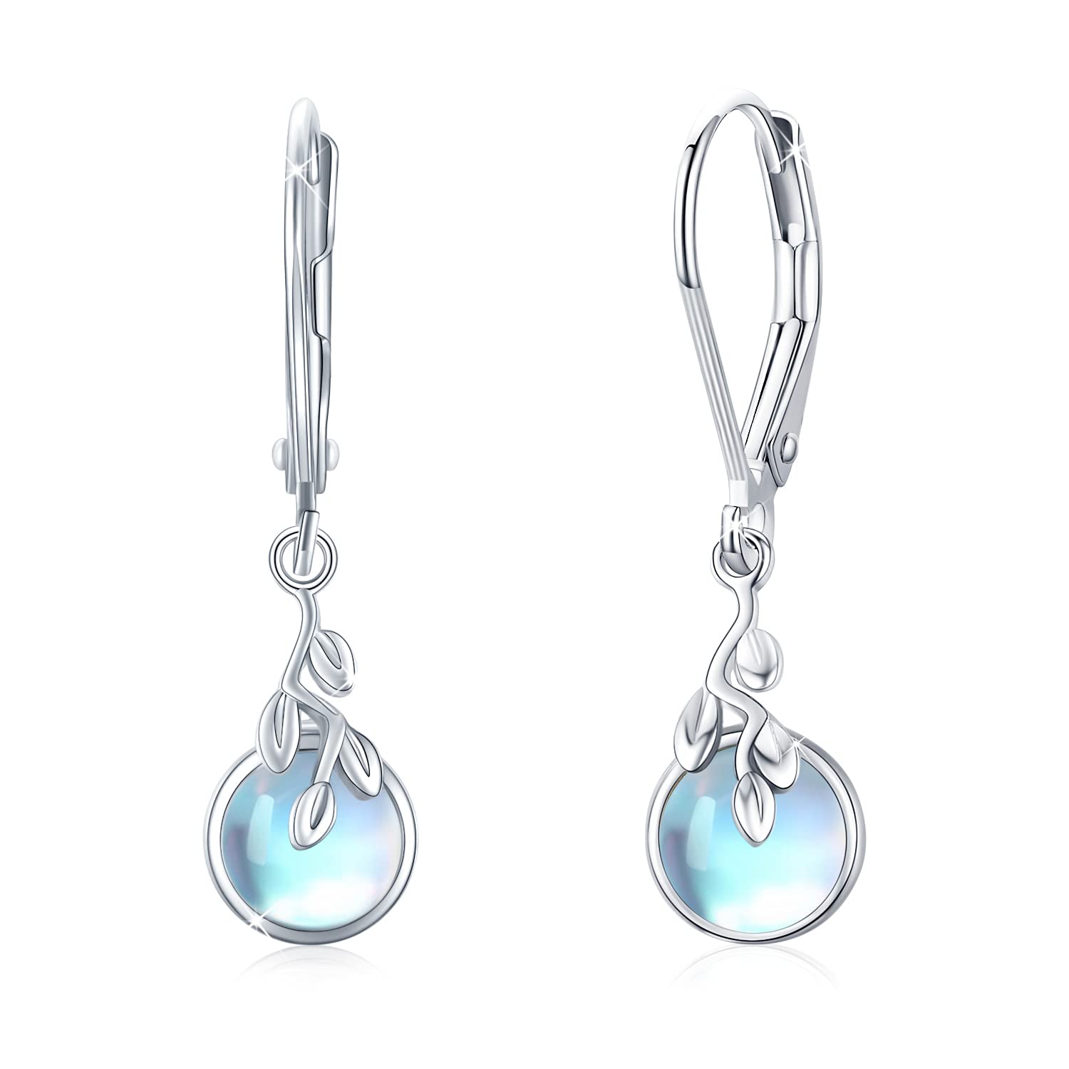 Hypoallergenic Sterling Silver Tree of Life Dangle Earrings with 6mm Moonstone, Malachite or Opal - Leverback Earrings for Women with Sensitive Ears | Perfect Gift for Daughter, Wife & Loved Ones | Ideal for Weddings, Parties & Everyday Wear