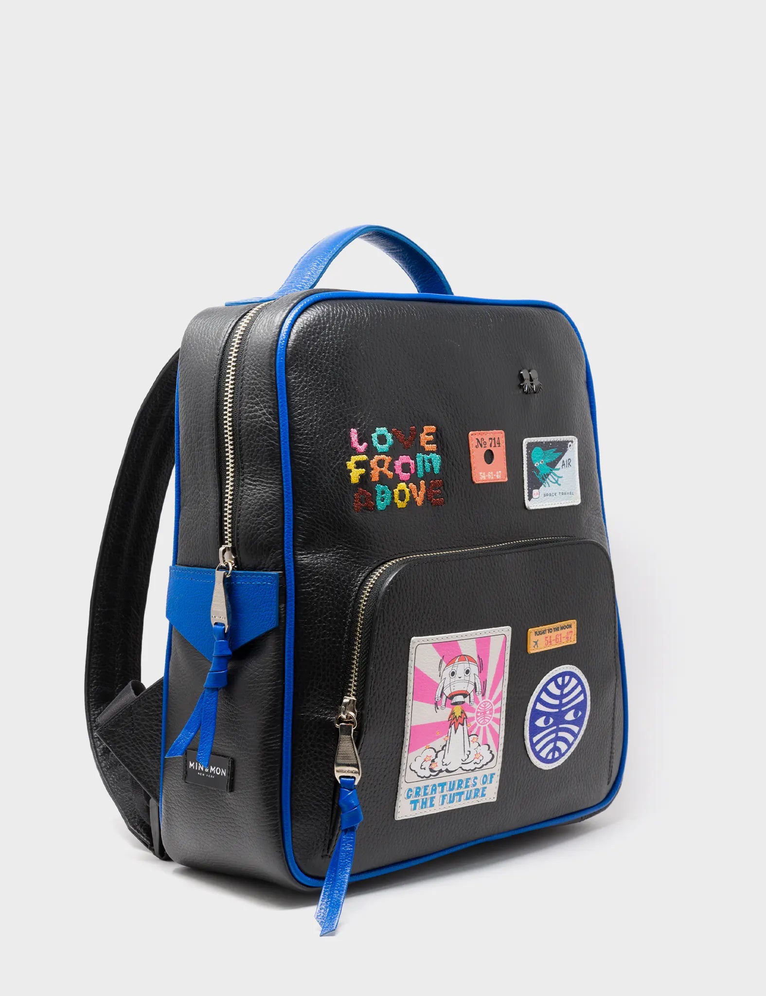 Marino Black & Blue Leather Backpack Medium Size - Stylish Groovin' Galaxies Applique Design for Work, School & Travel