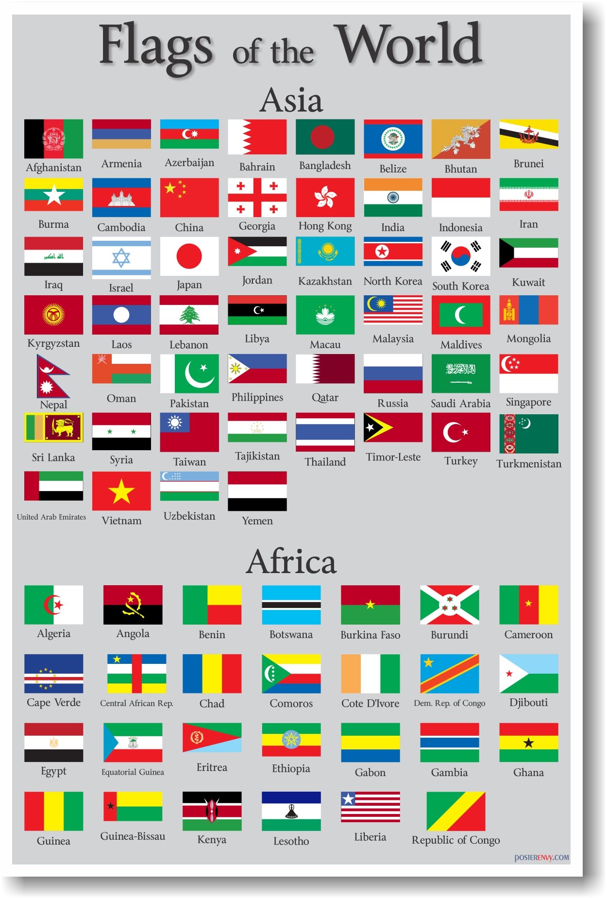 Flags of the World - Asia & Africa Collection | Premium World Travel Poster for Home & Office Decor | Perfect for Geography Enthusiasts & Travel Lovers