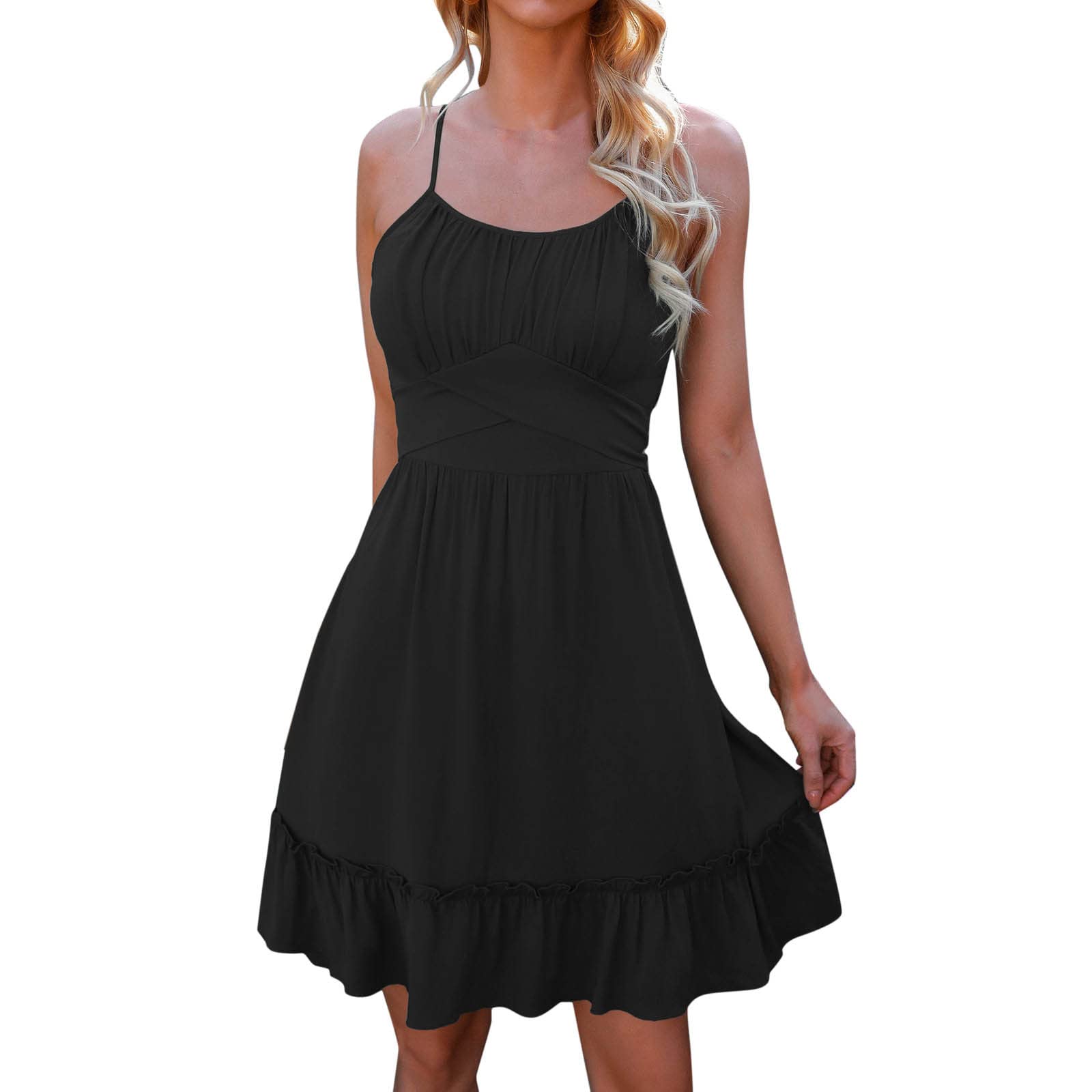 KASAAS Women's Casual Summer Dress - Sleeveless Spaghetti Strap Ruched Backless Smocked Mini Dress in Solid Colors | Perfect for Beach Outings, Date Nights & Summer Vacations (Black, XL)