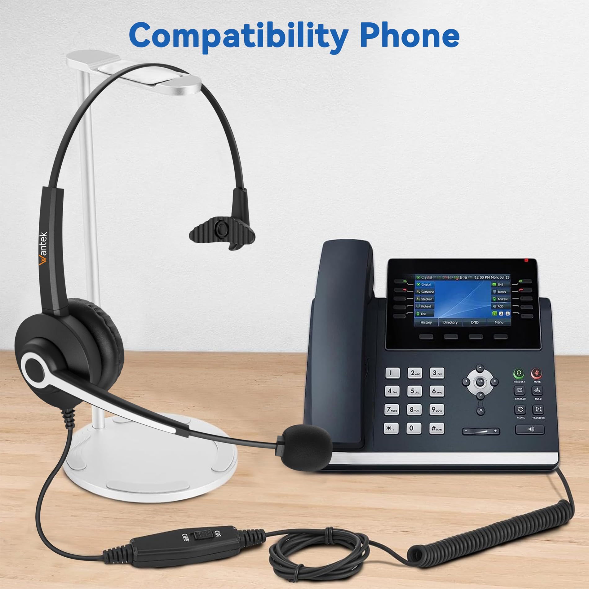Wantek Mono Corded Telephone Headset with Noise Canceling Microphone - Compatible with ShoreTel, Plantronics, Polycom, Toshiba, NEC Dterm, Nortel, Norstar, Meridian, Siemens ROLM & Packet8 Landline Desk Phones - Ideal for Office, Call Center & Remote Work Communication