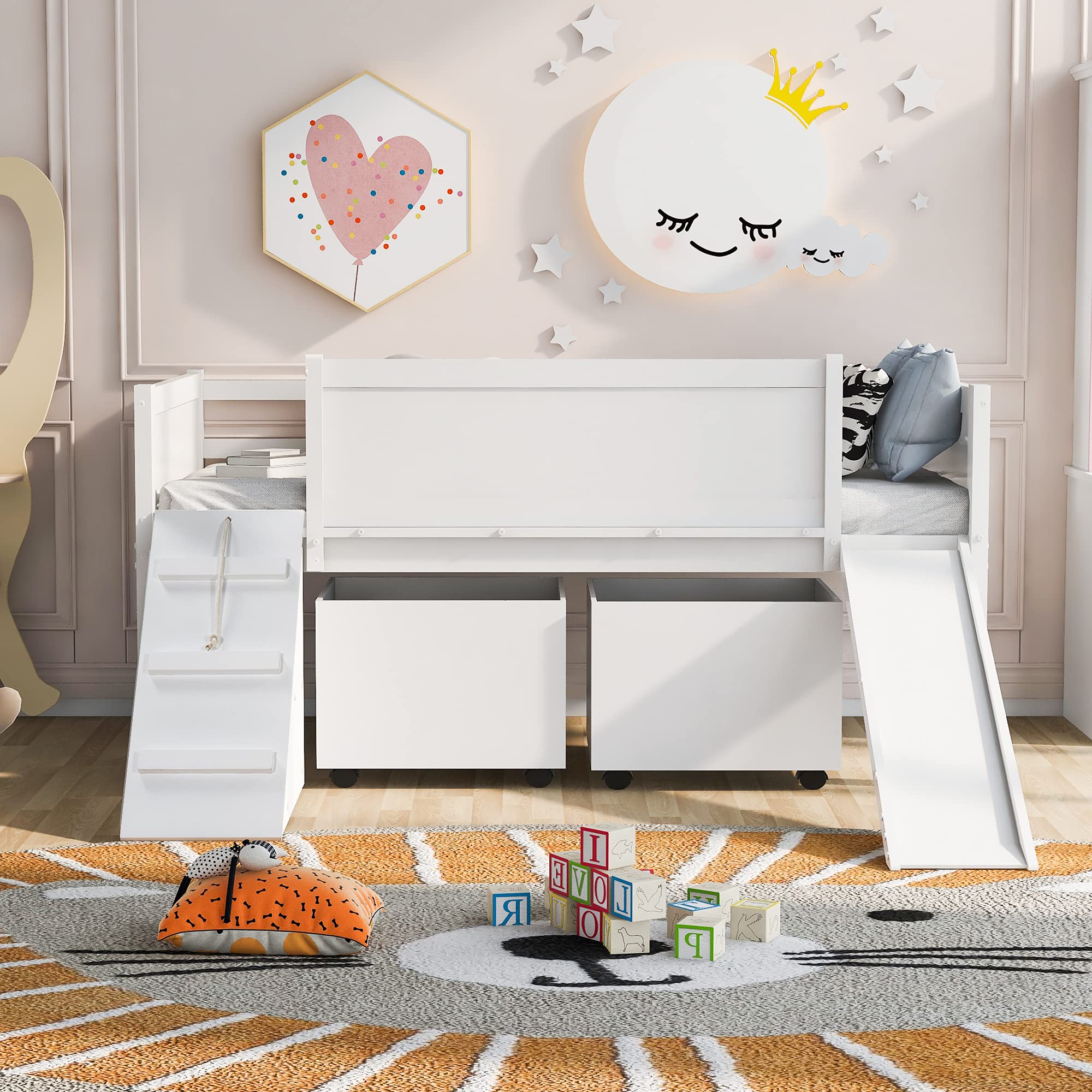 SIYAHOME Twin Size Low Loft Bed with Slide - Wooden Kids Bed for Boys & Girls - Includes Storage Boxes, Ladder & Safety Guardrail - Space-Saving Loft Bed Frame for Small Bedrooms, Playrooms & Guest Rooms - White