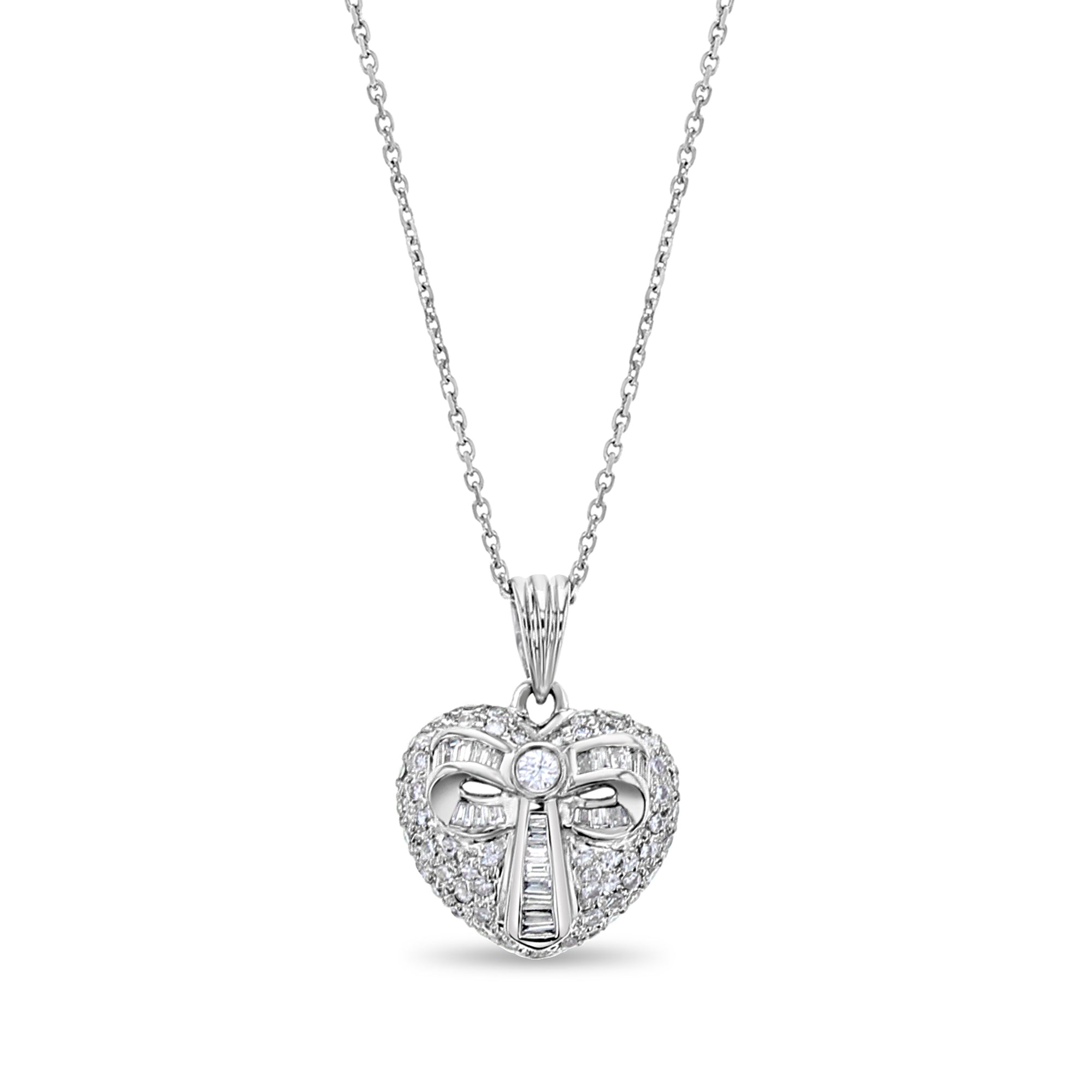 Diamond Heart Shaped Pave Pendant with Bow - 0.61cttw 18K White Gold Necklace for Women - Perfect for Valentine's Day, Anniversary & Romantic Gifts