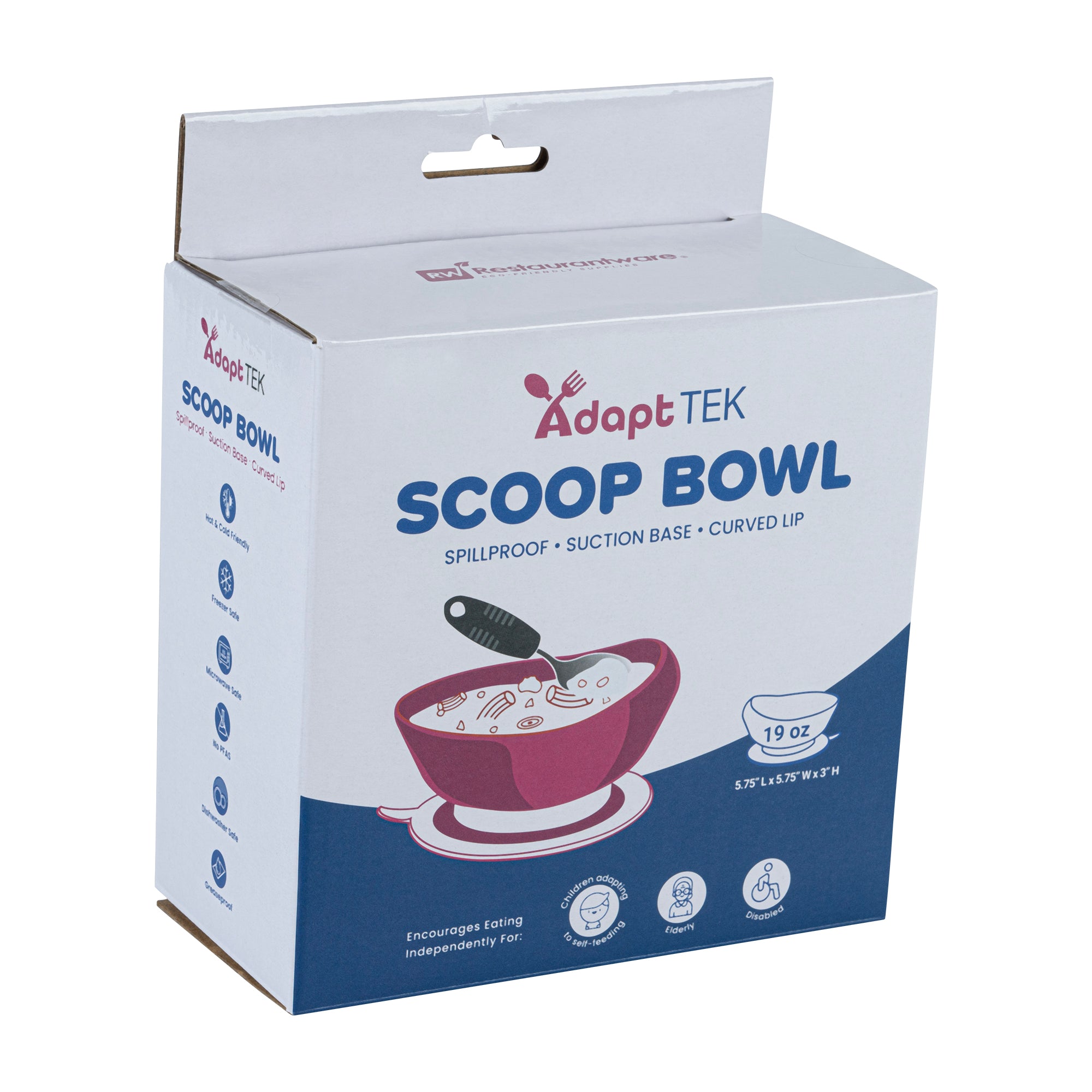 Adapt Tek 19 oz Round White Plastic Scoop Bowl - Spillproof with Suction Base, 5.75